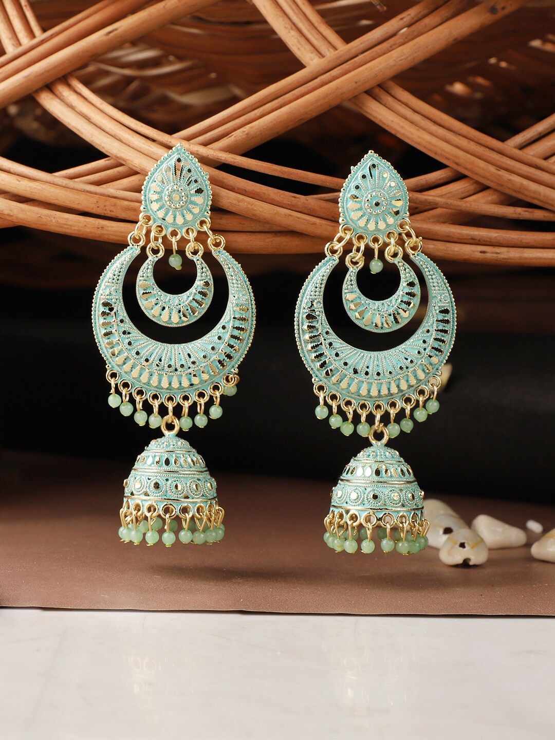 ANIKAS CREATION Sea Green Gold-Plated Handcrafted Contemporary Jhumkas Price in India