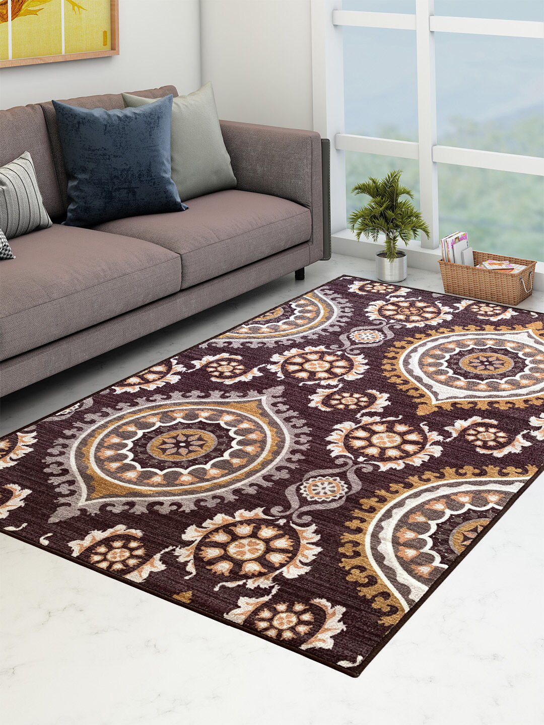 Athom Trendz Brown & Yellow Ethnic Motifs Anti-Skid Carpet Price in India
