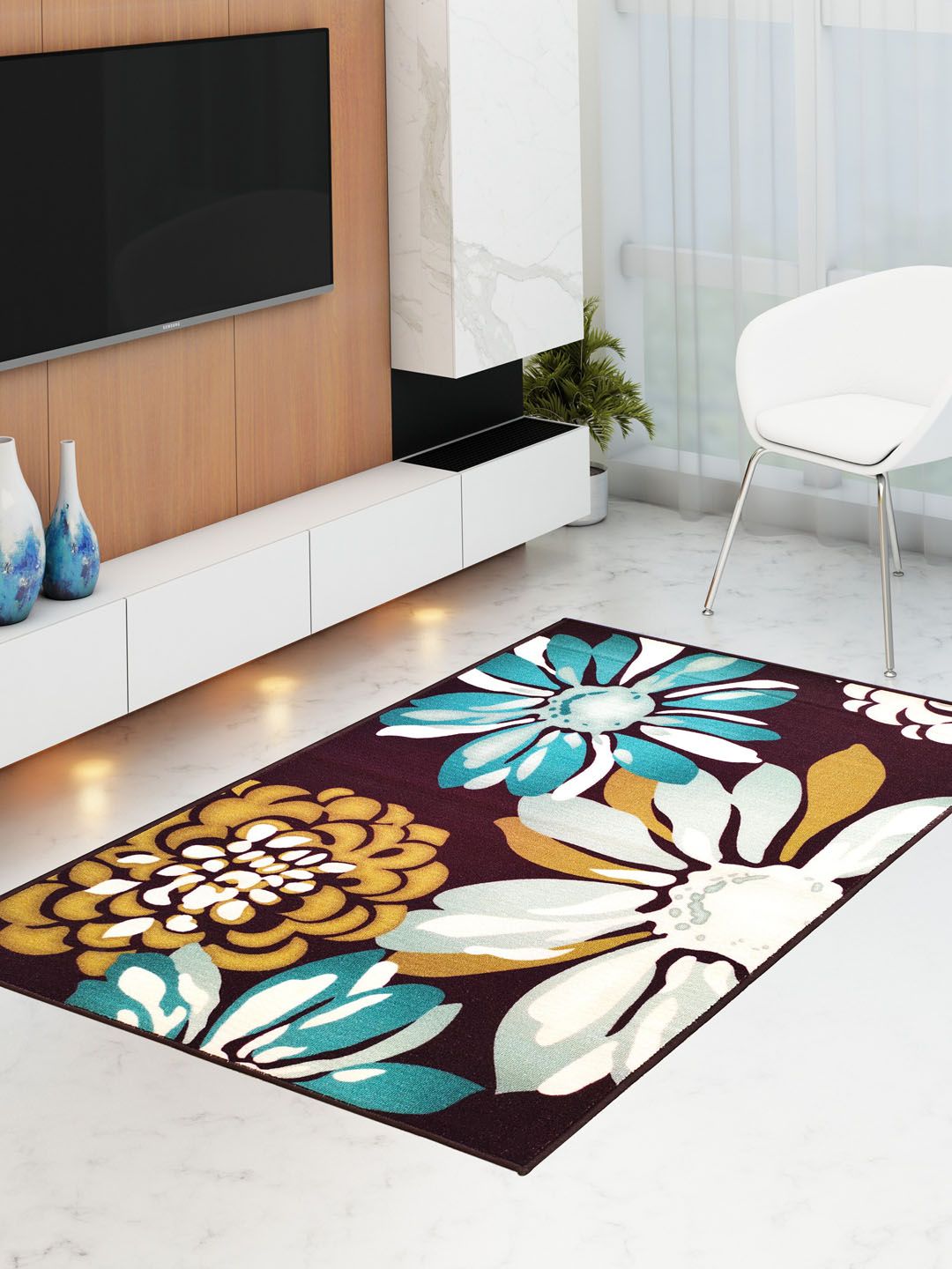 Athom Trendz Maroon & White Floral Anti-Skid Carpet Price in India