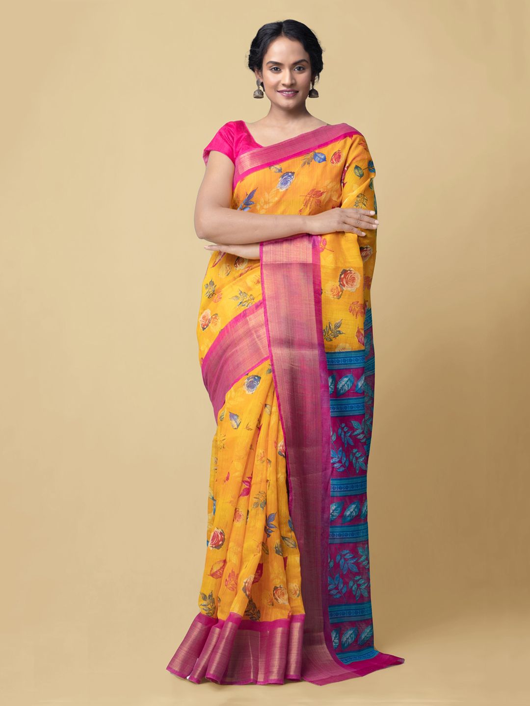 Unnati Silks Yellow & Pink Silk Cotton Digital Printed Handloom Chanderi Saree