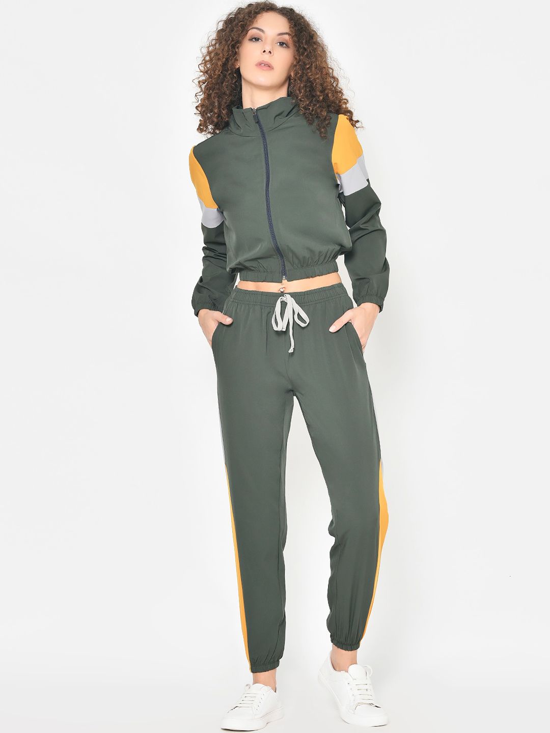 American-Elm Women Olive Green & Grey Solid Tracksuit Price in India
