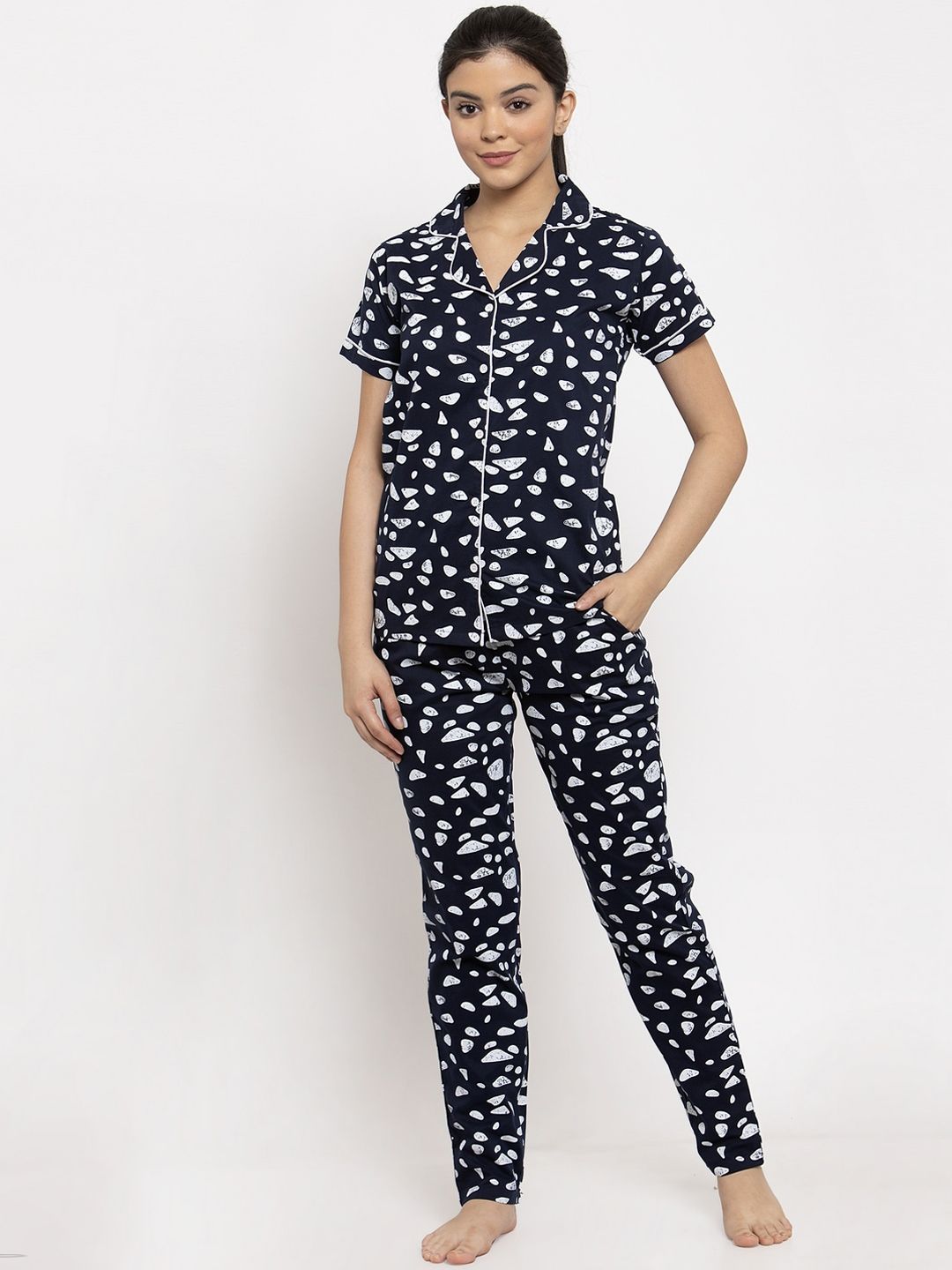 Claura Women Navy Blue & White Printed Shirt & Pyjama Set Price in India