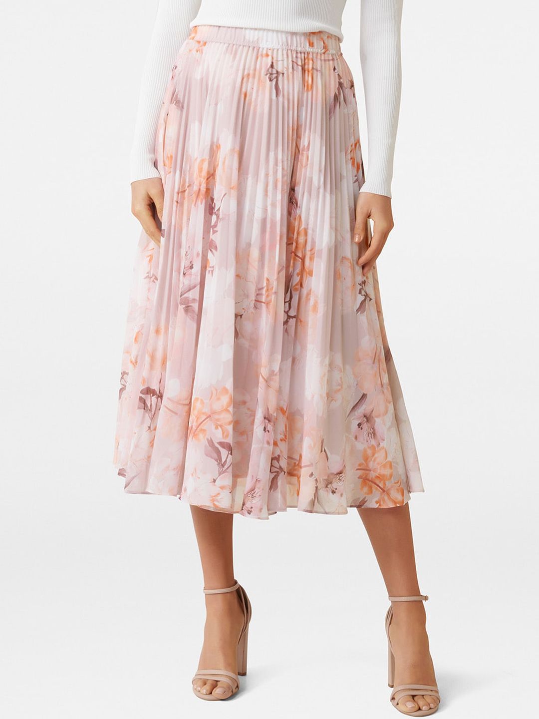 Forever New Women Peach-Coloured & White Printed Flared Midi Skirt