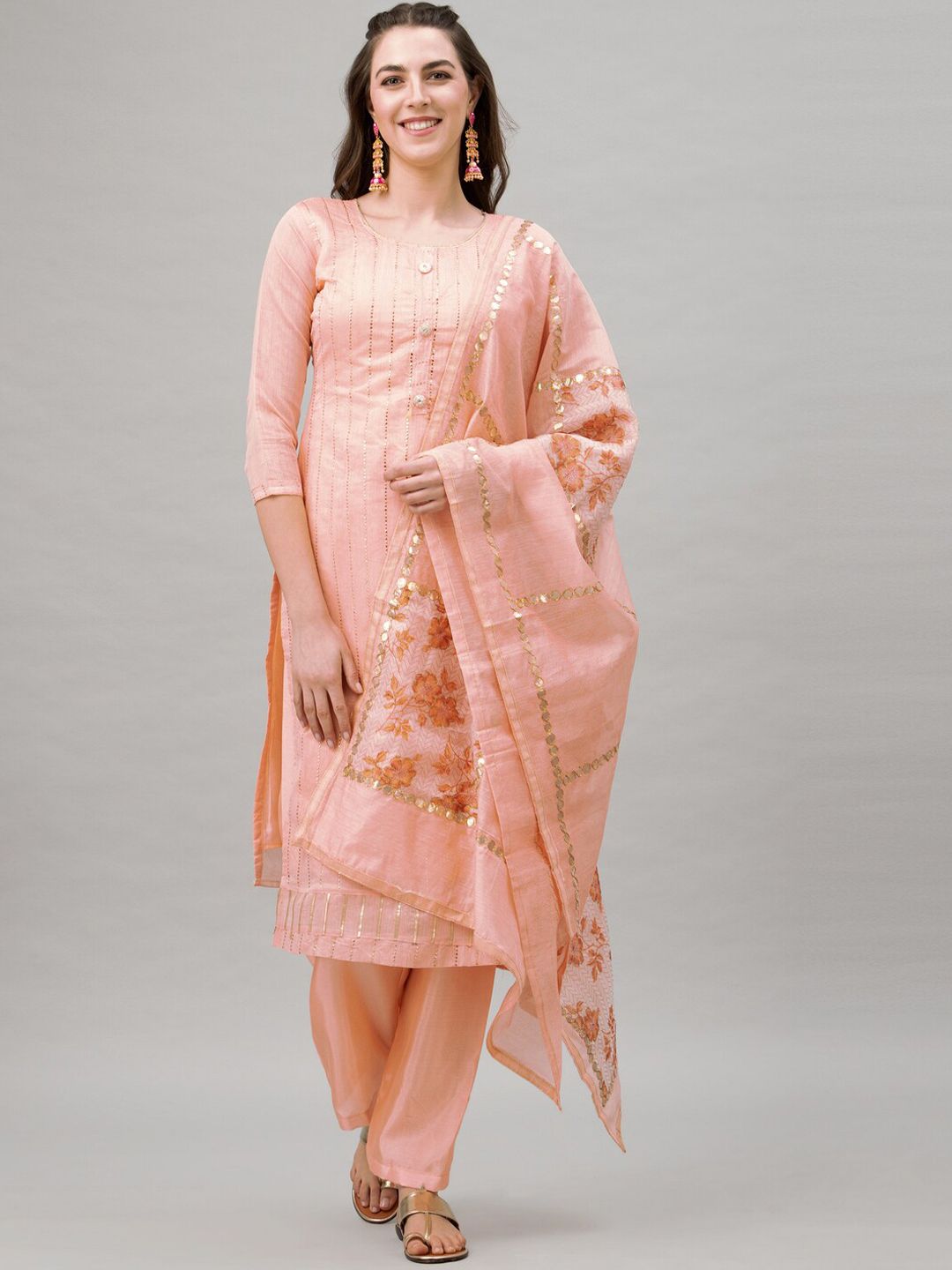 Satrani Women  Peach & Gold Cotton Blend Unstitched Dress Material Price in India