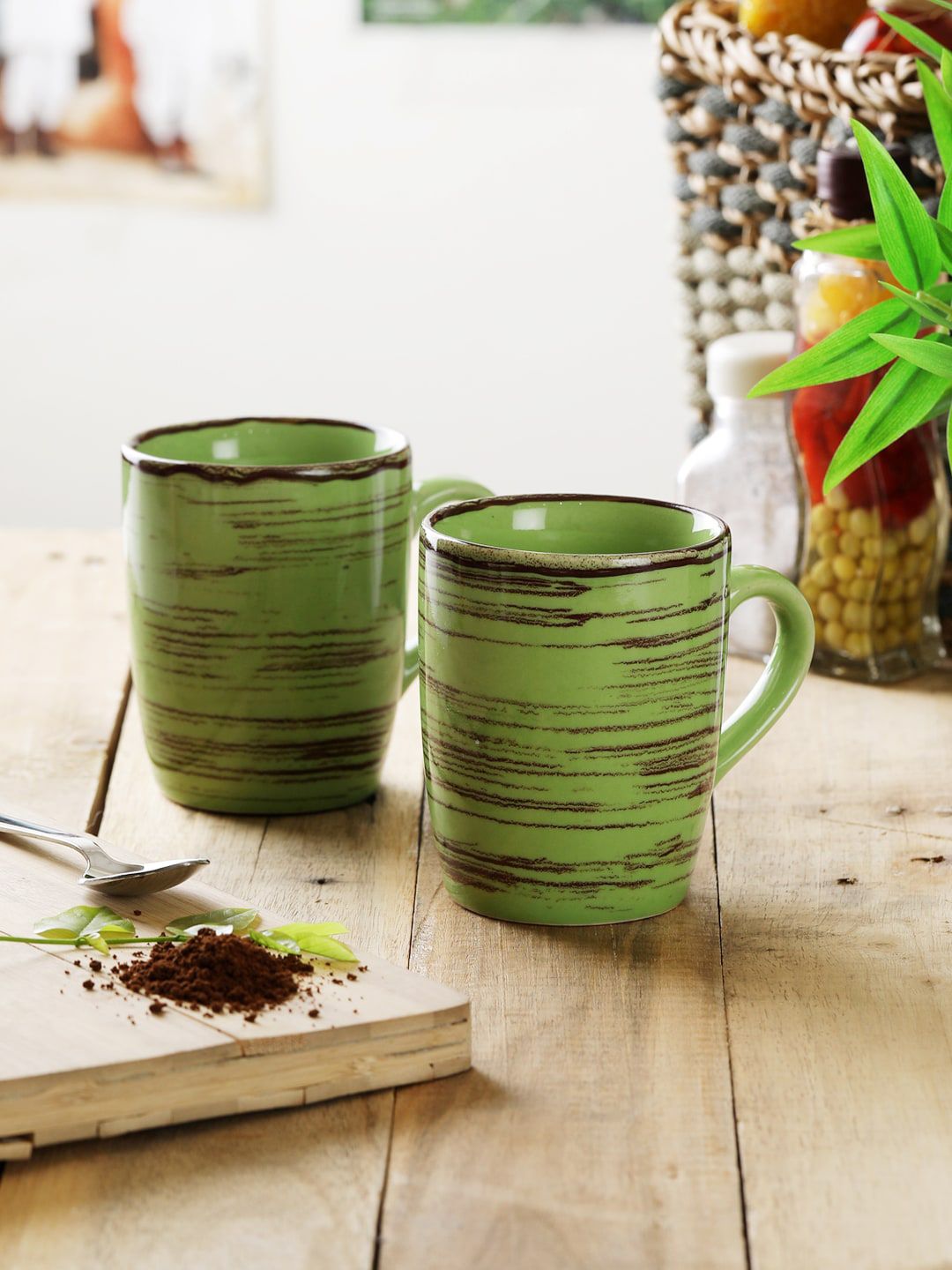 MIAH Decor Set Of 4 Green & Maroon Printed Ceramic Mugs Price in India