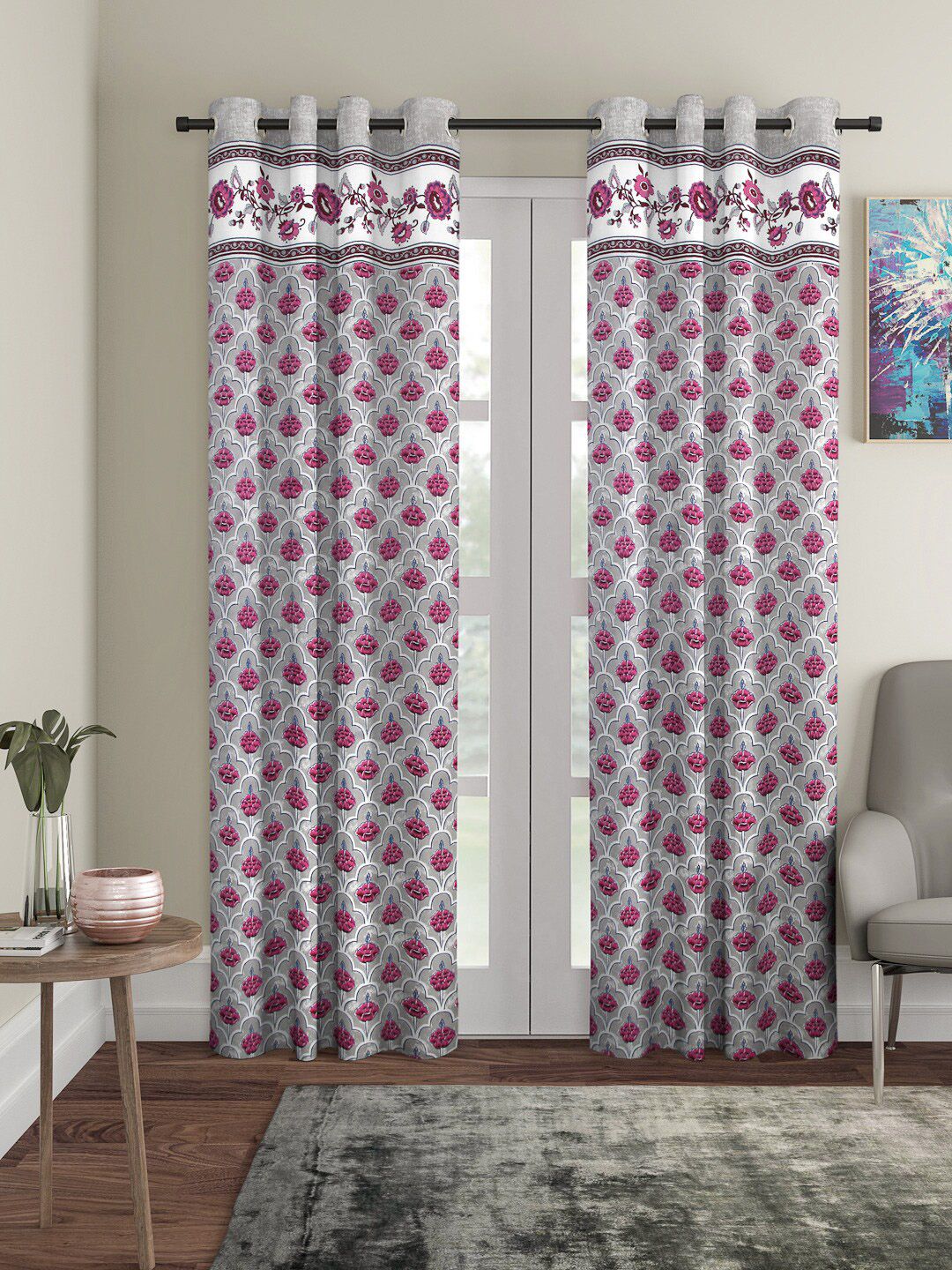 Rajasthan Decor Grey & Pink Set of 2 Long Door Curtains Price in India