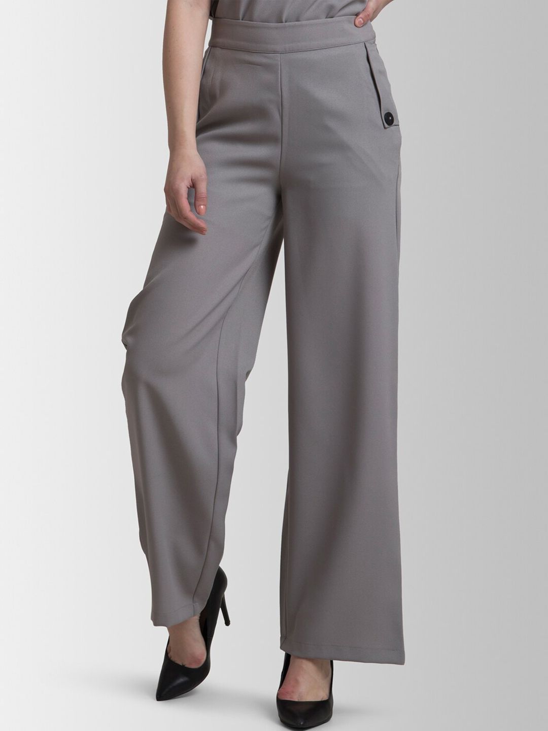 FableStreet Women Grey Flared Solid Parallel Trousers Price in India