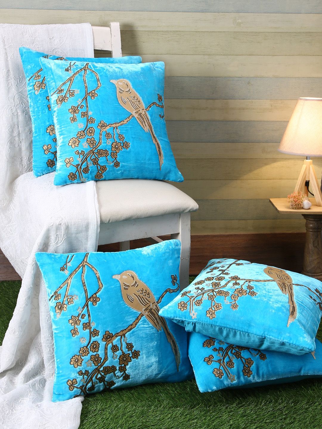 ROMEE Turquoise Blue & Beige Set of 5 Abstract Square Cushion Covers Price in India