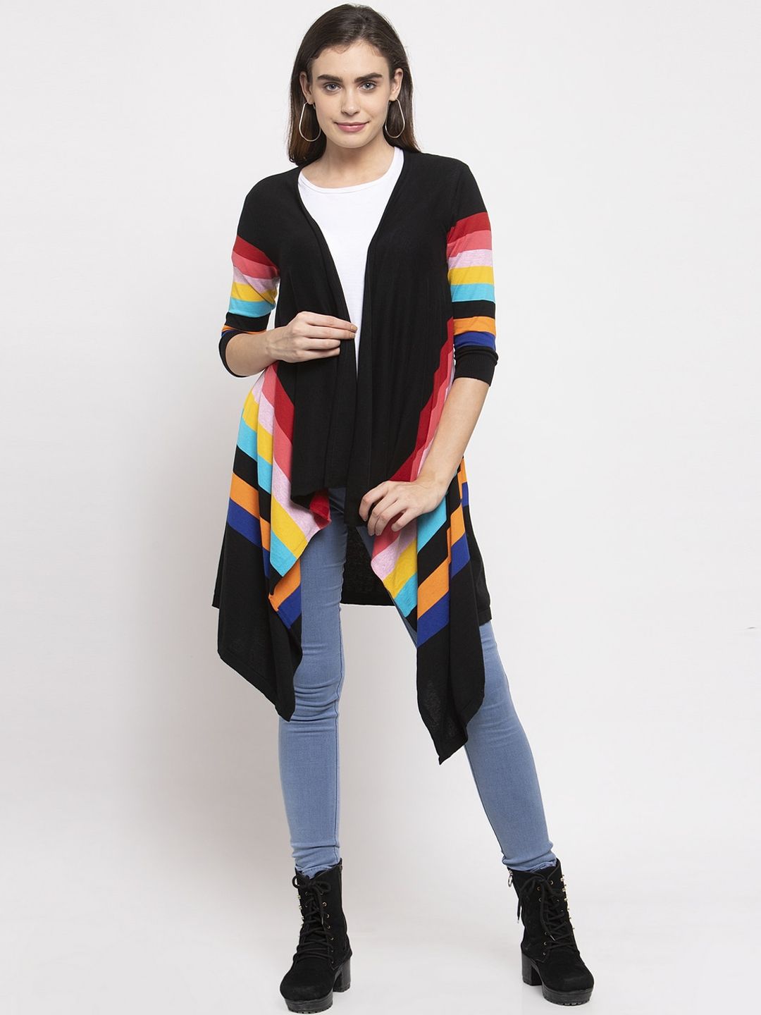 Kalt Women Black & Peach-Coloured Striped Open Front Shrug Price in India