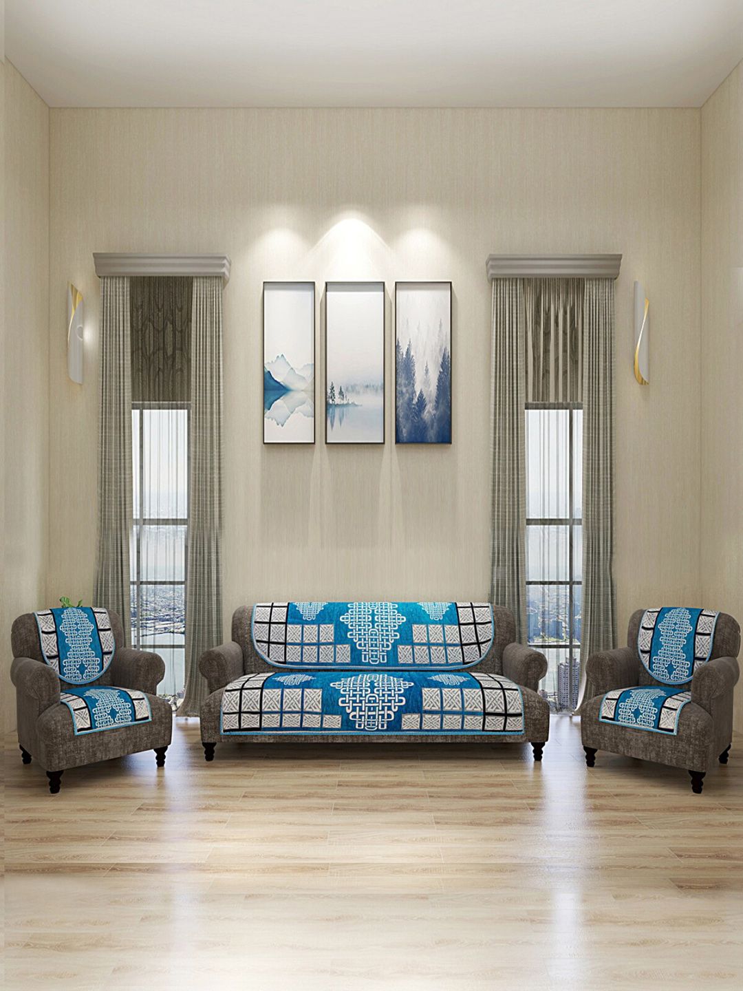 ROMEE Set Of 6 Turquoise Blue & White Geometric Printed Sofa Covers Price in India