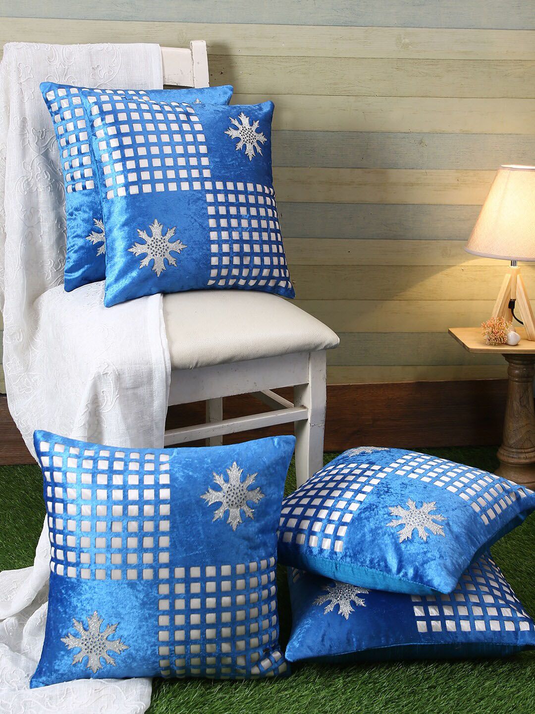 ROMEE Blue & Silver-Toned Set of 5 Floral Square Cushion Covers Price in India