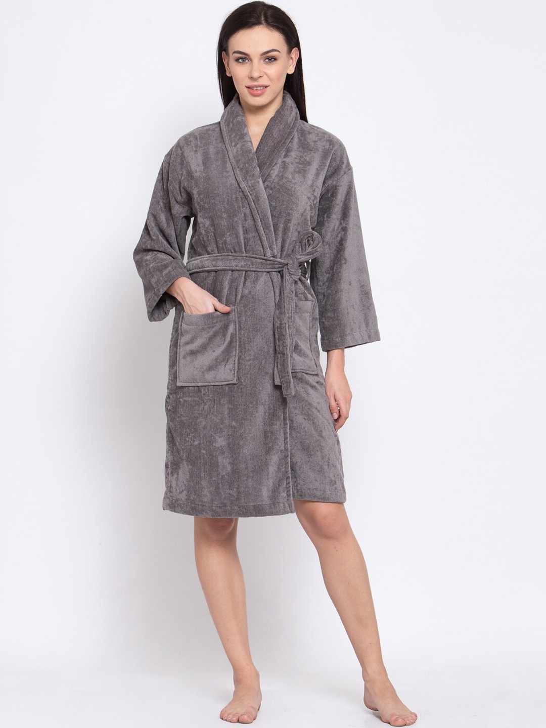 Trident Women Charcoal Grey Solid Bathrobe Price in India