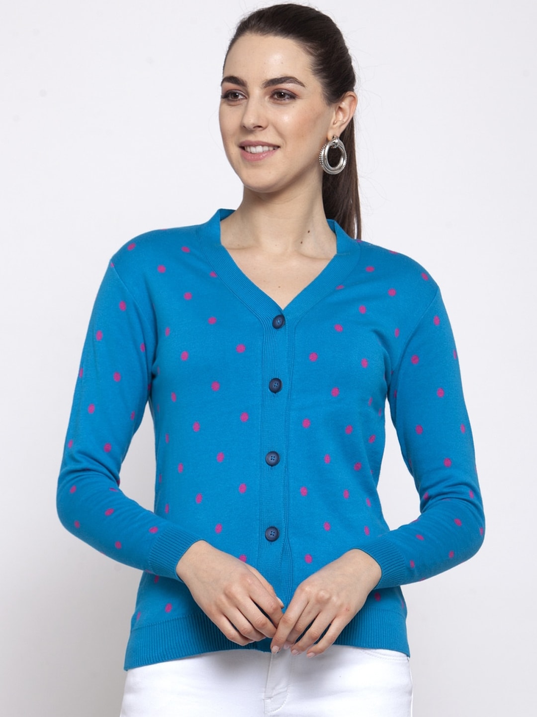 Kalt Women Blue & Pink Printed Cardigan Sweater Price in India