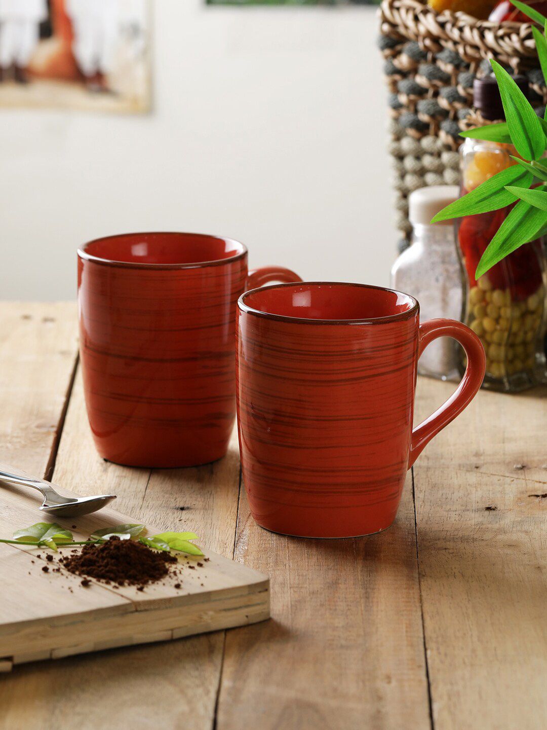 MIAH Decor Set Of 4 Orange & Black Printed Eco Friendly Handmade Ceramic Mugs Price in India