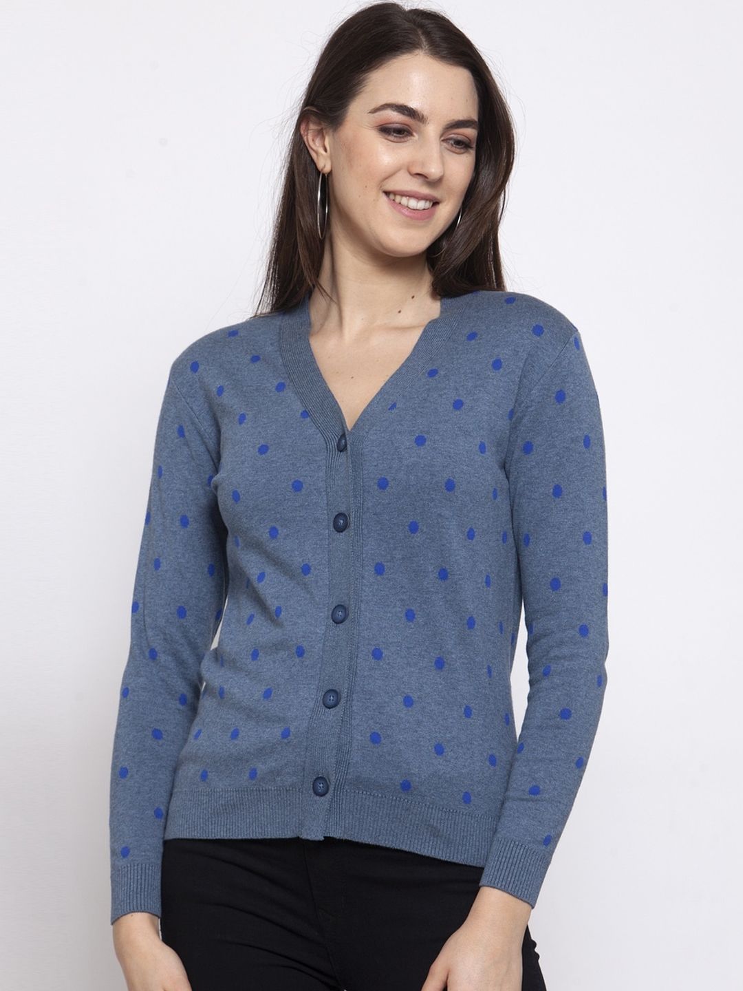 Kalt Women Blue Printed Cardigan Sweater Price in India