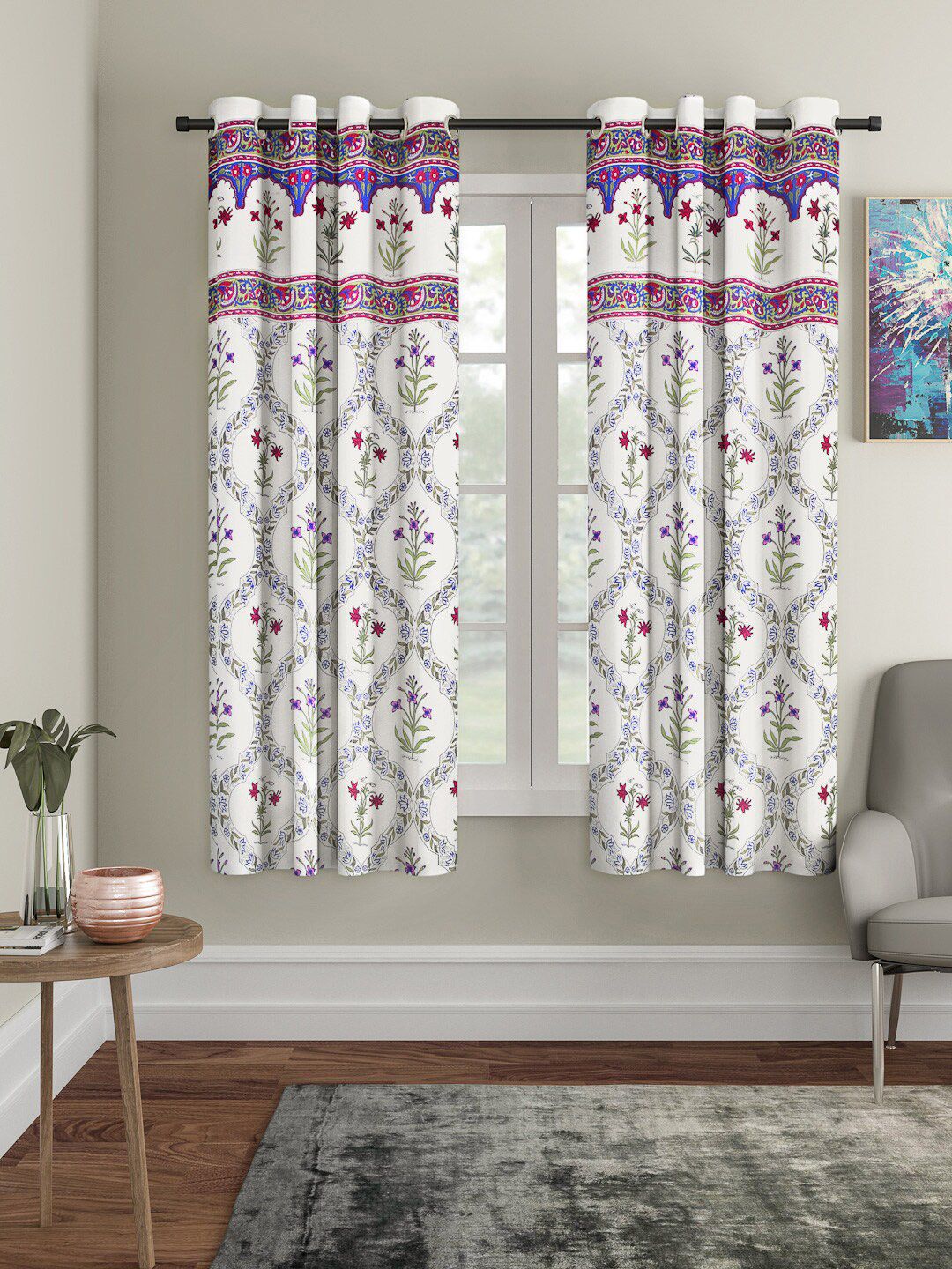 Rajasthan Decor White & Purple Set of 2 Curtains Price in India