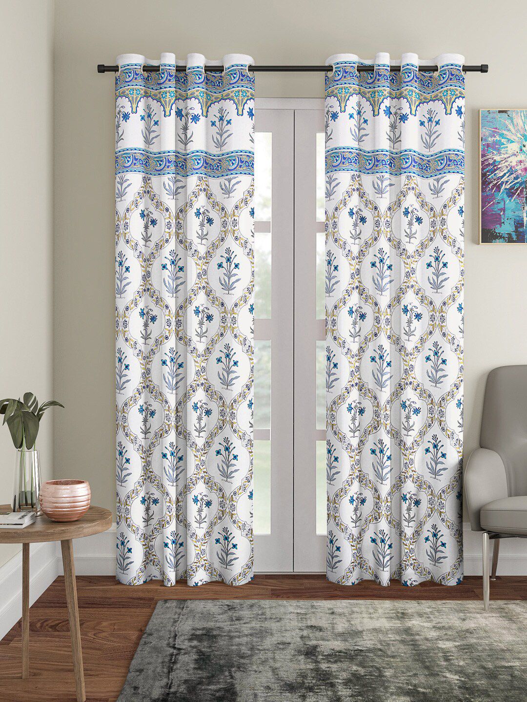 Rajasthan Decor White & Blue Set of 2 Curtains Price in India