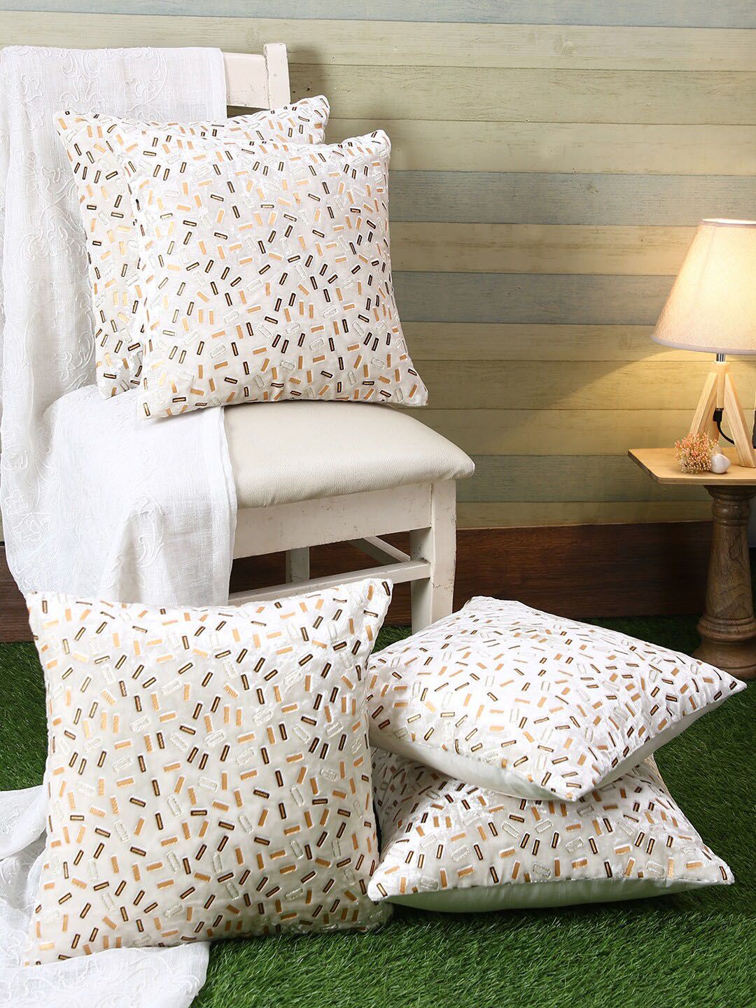 ROMEE Off-White & Brown Set of 5 Geometric Square Cushion Covers Price in India