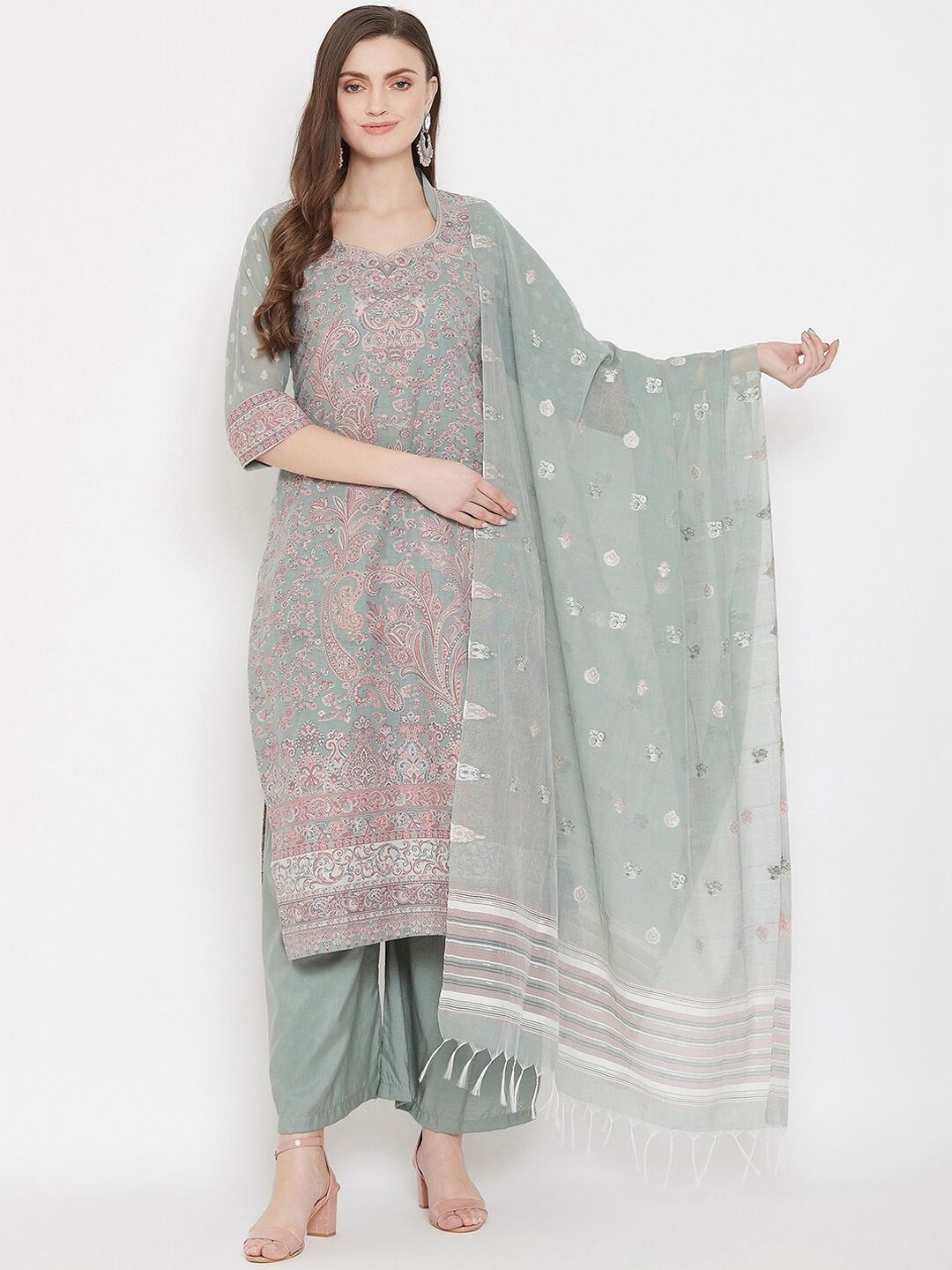 Safaa Olive Green & Peach-Coloured Woven Design Unstitched Dress Material Price in India