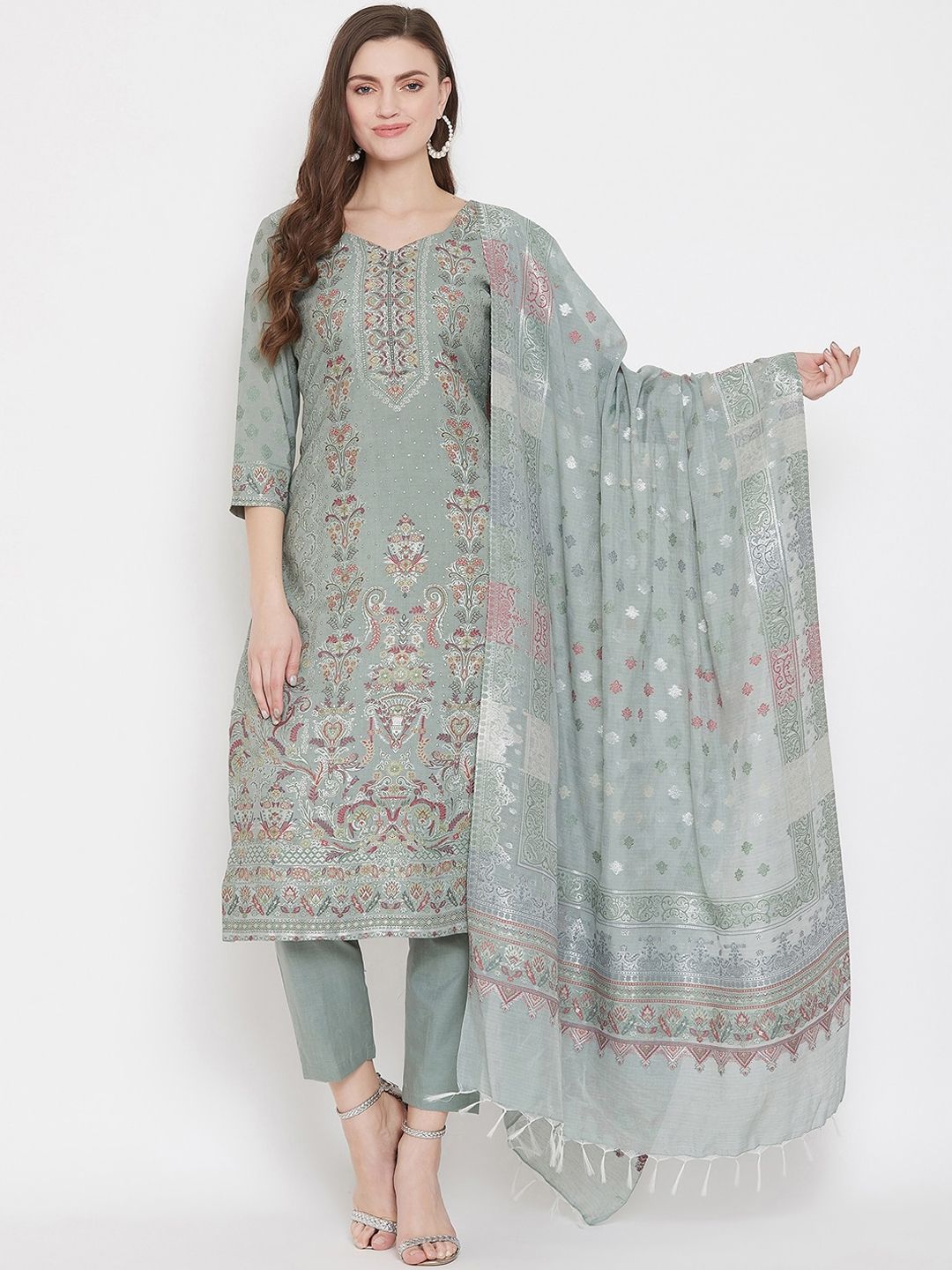 Safaa Olive Green Cotton Blend Woven Design Unstitched Dress Material For Summer Price in India