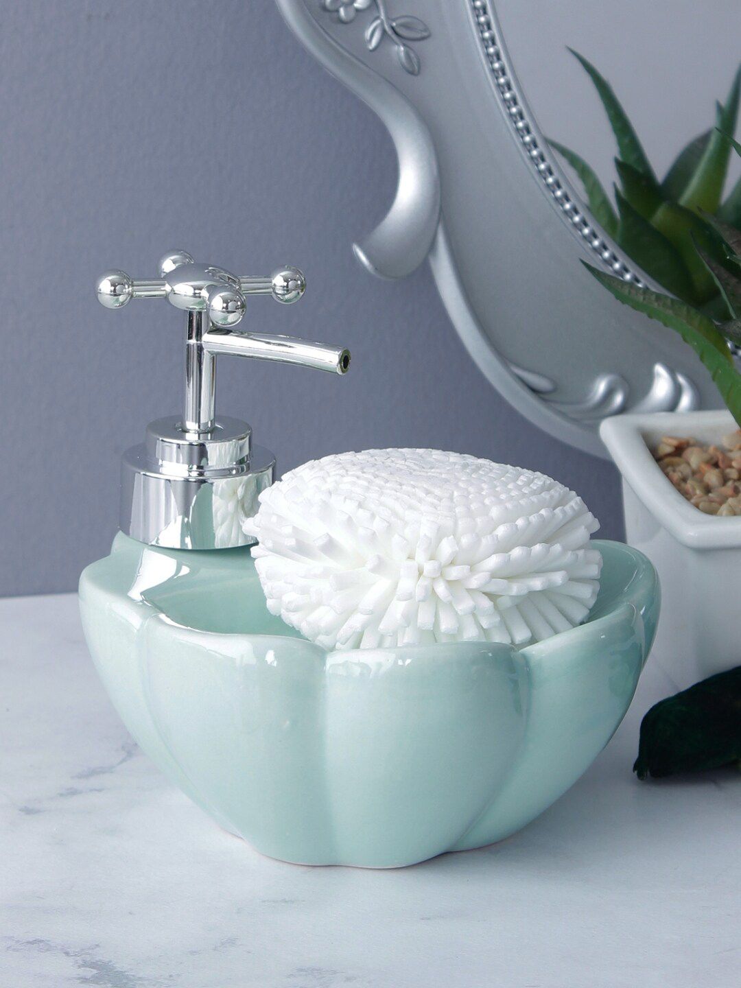 A Vintage Affair- Home Decor Sea Green Solid Lotus Ceramic Soap Dispenser