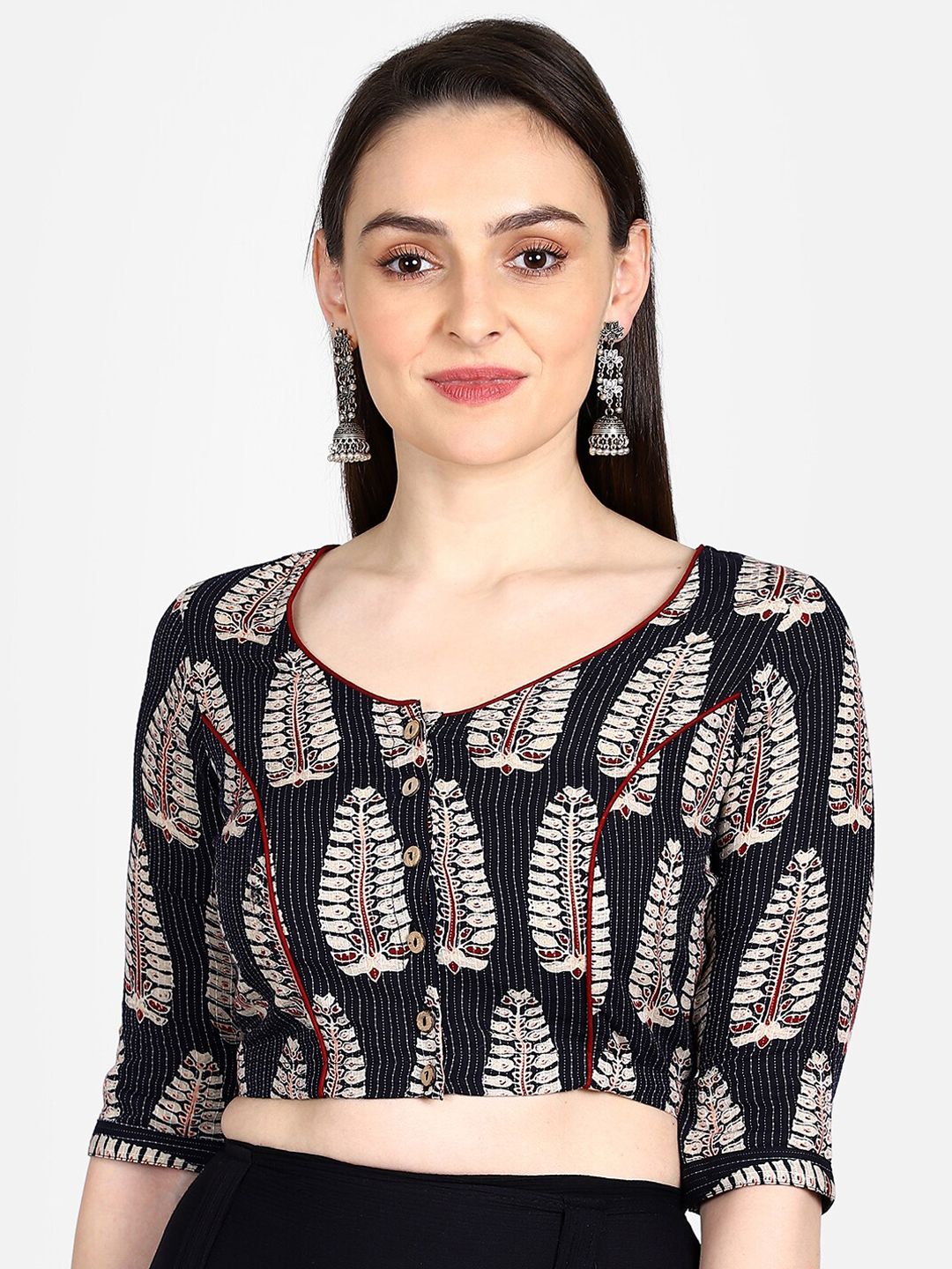 THE WEAVE TRAVELLER Women Black & Beige Ajrakh Hand Block Printed Sustainable Saree Blouse Price in India
