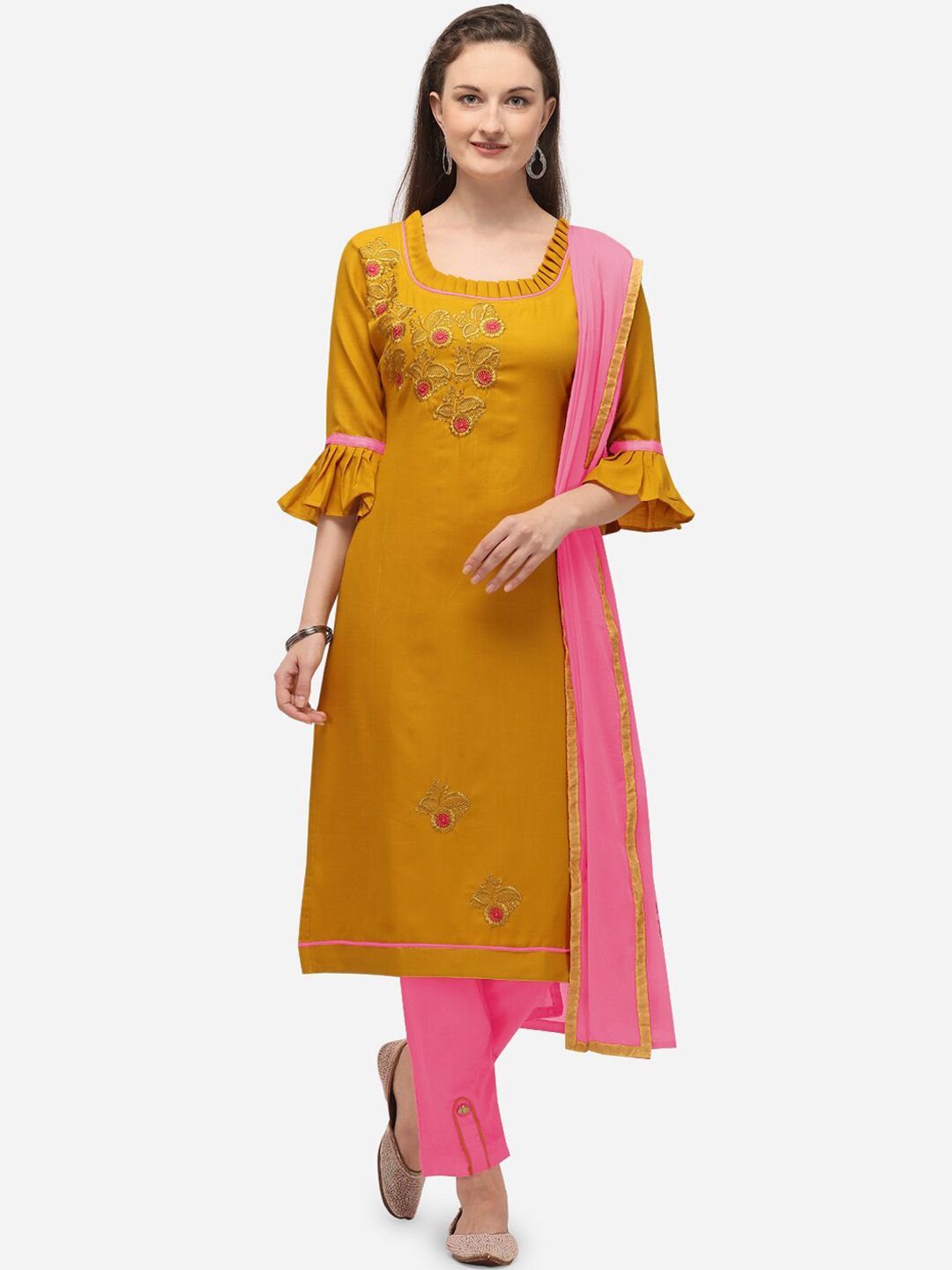 mf Mustard & Pink Cotton Blend Unstitched Dress Material Price in India