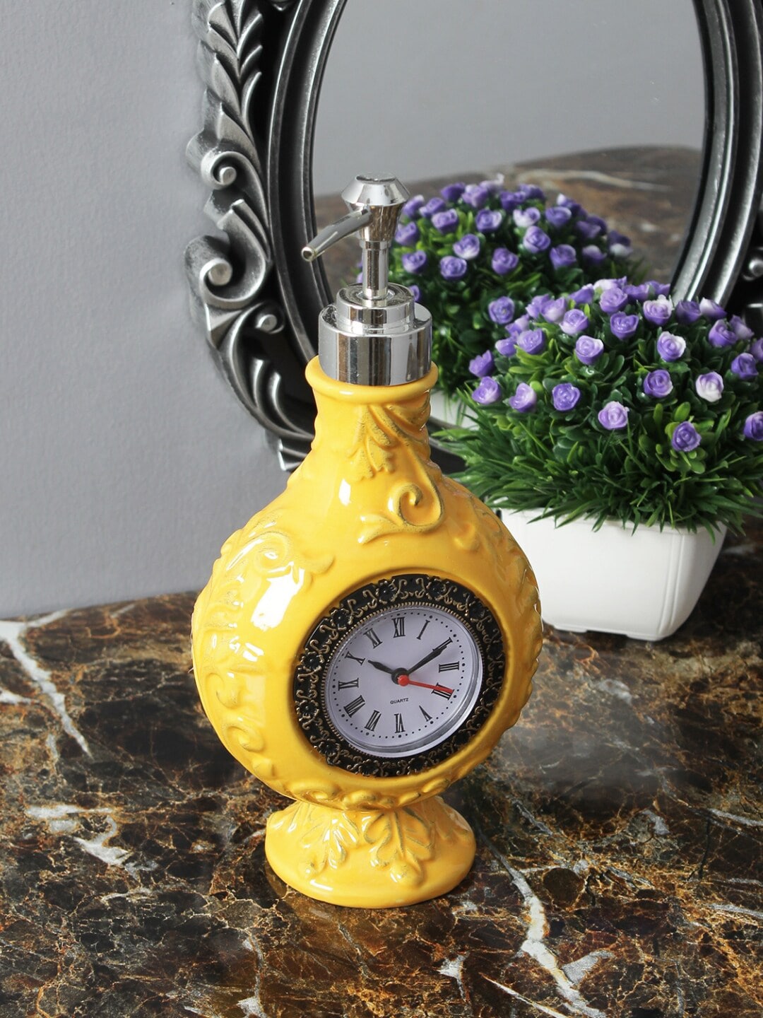 A Vintage Affair- Home Decor Unisex Yellow & White Vintage Clock Liquid Soap Dispenser Price in India