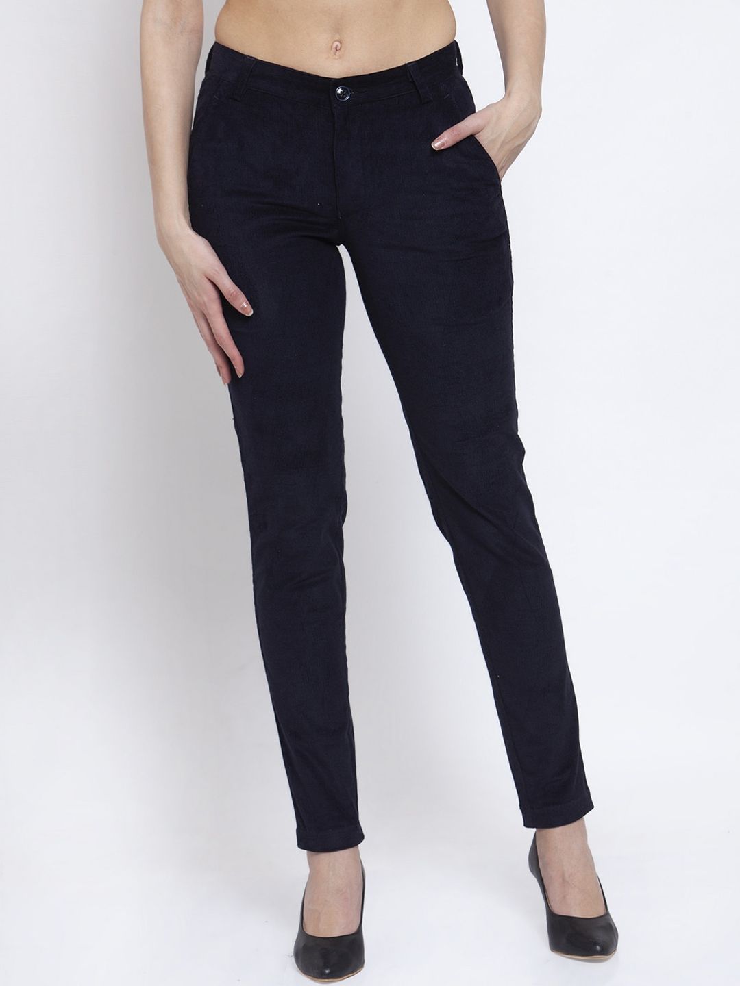 KLOTTHE Women Navy Blue Slim Fit Solid Cigarette Trousers