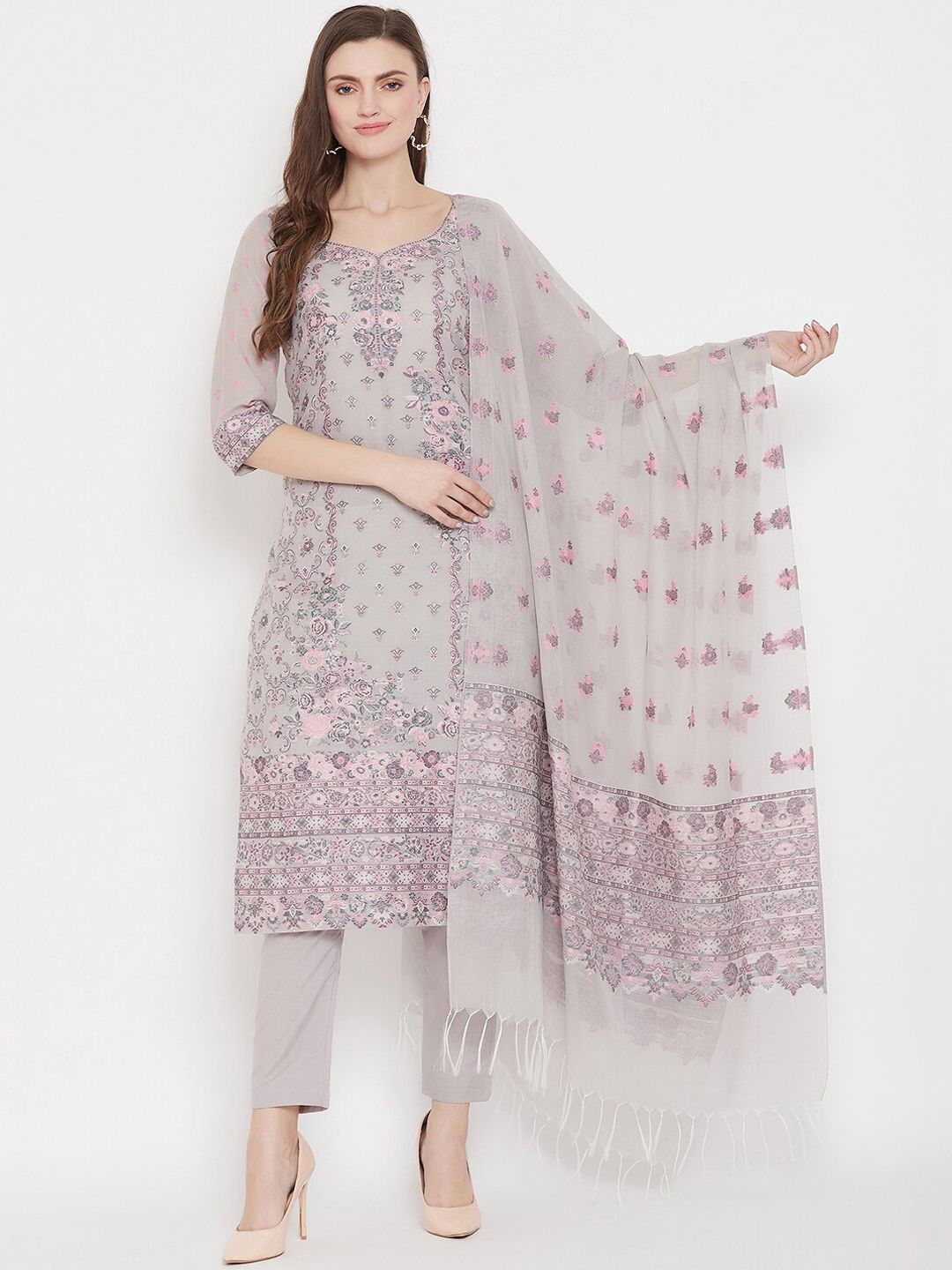 Safaa Grey & Pink Cotton Blend Woven Design Unstitched Dress Material For Summer Price in India
