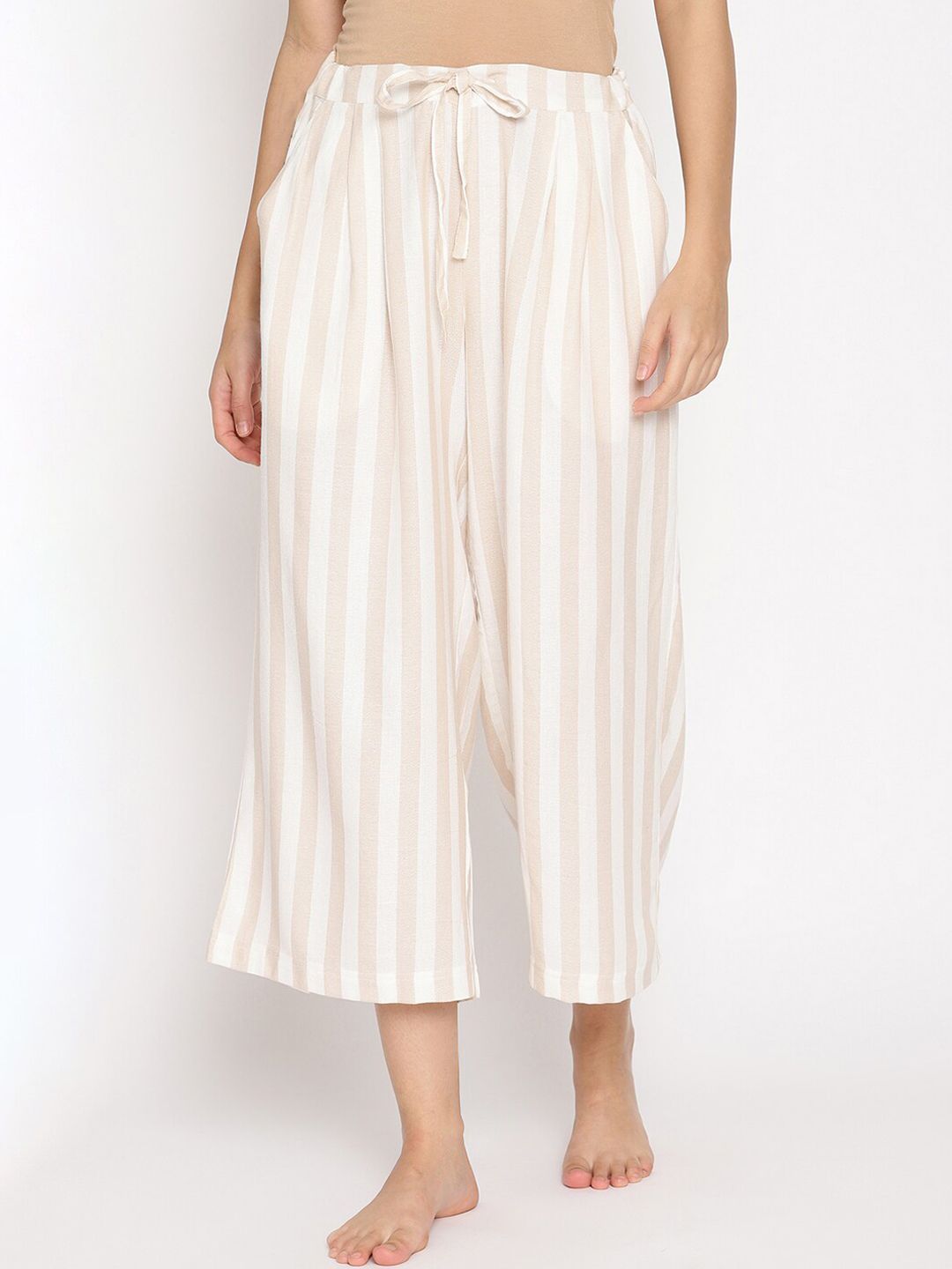 COASTLAND Women Beige & White Striped Lounge Pants Price in India