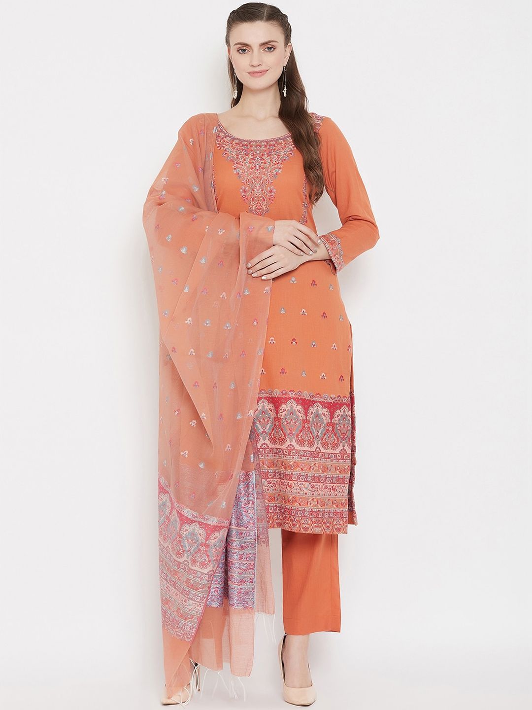 Safaa Orange & Red Woven Design Unstitched Dress Material Price in India