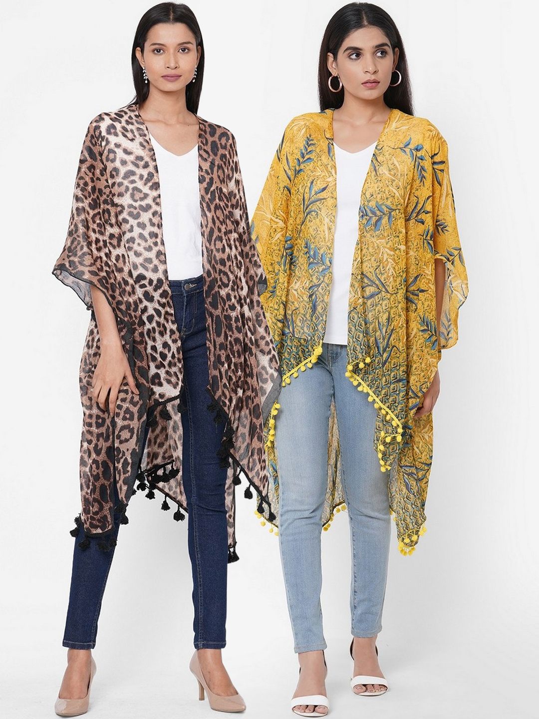 Get Wrapped Women Pack Of 2 Printed Open Front Kimono Shrug Price in India