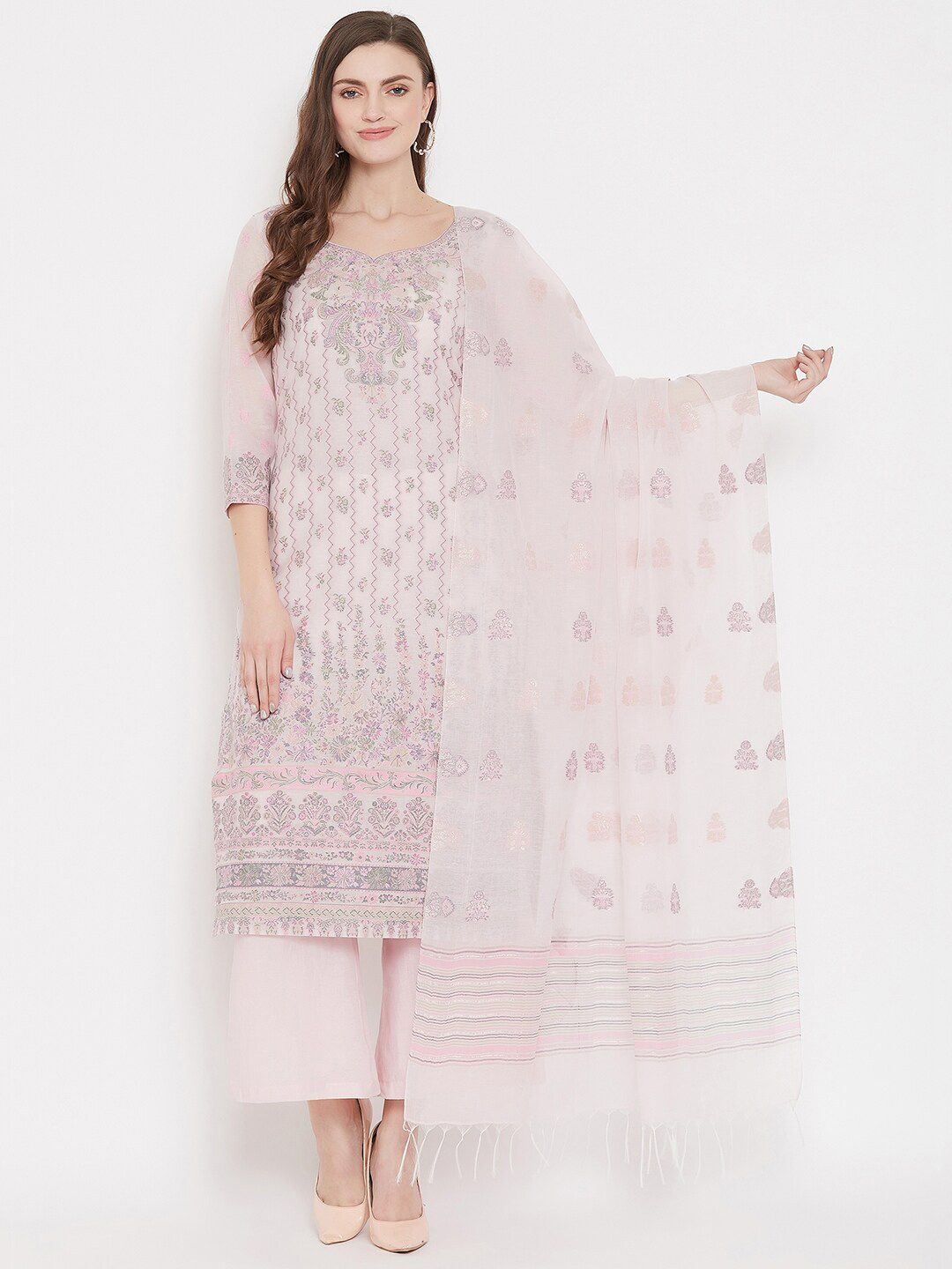 Safaa Pink & Grey Cotton Blend Woven Design Unstitched Dress Material For Summer Price in India