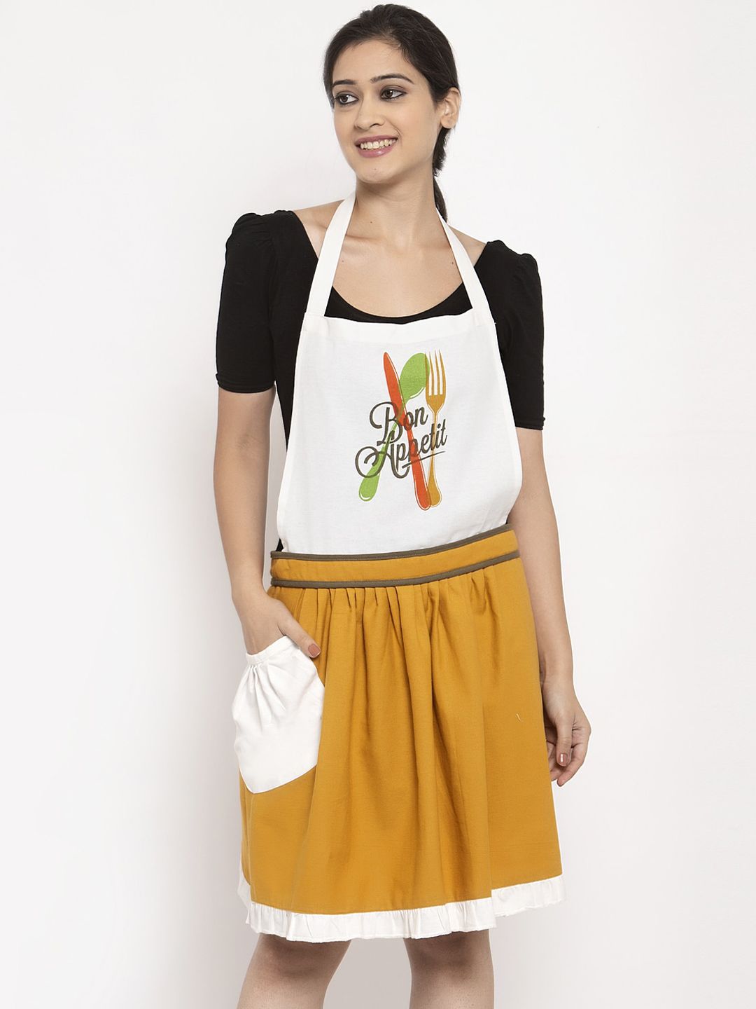 BLANC9 Unisex Mustard Yellow & White Printed Apron Price in India