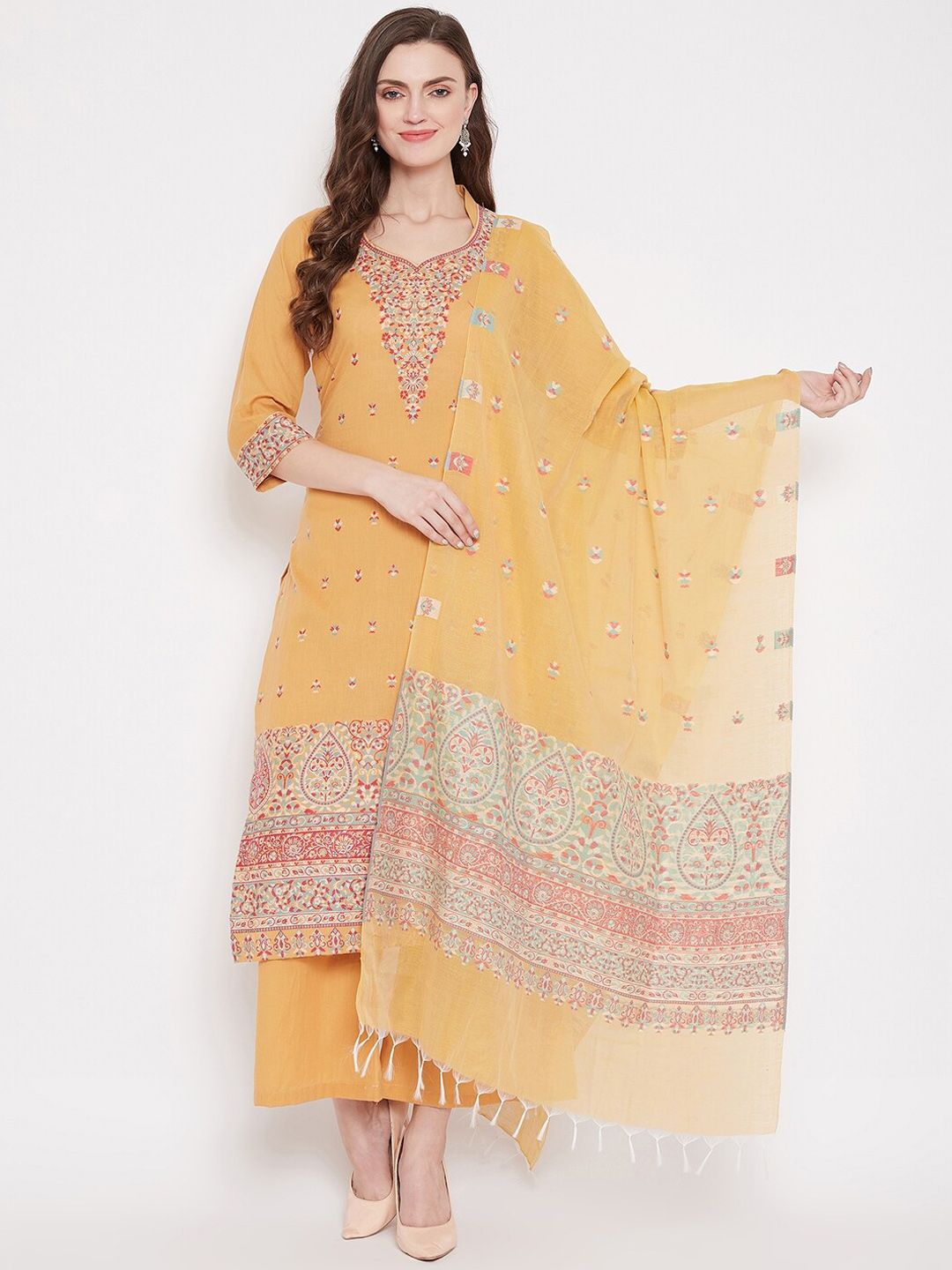 Safaa Mustard Yellow & Red Cotton Blend Woven Design Unstitched Dress Material For Summer Price in India