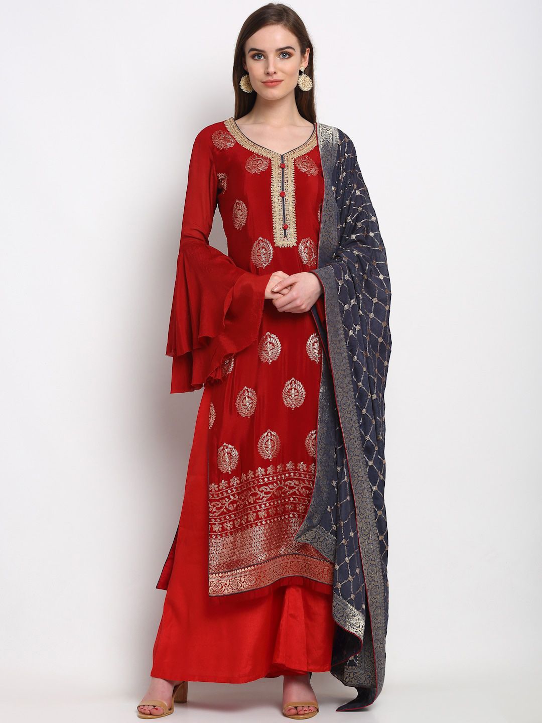 Stylee LIFESTYLE Maroon & Navy Blue Cotton Blend Unstitched Dress Material Price in India