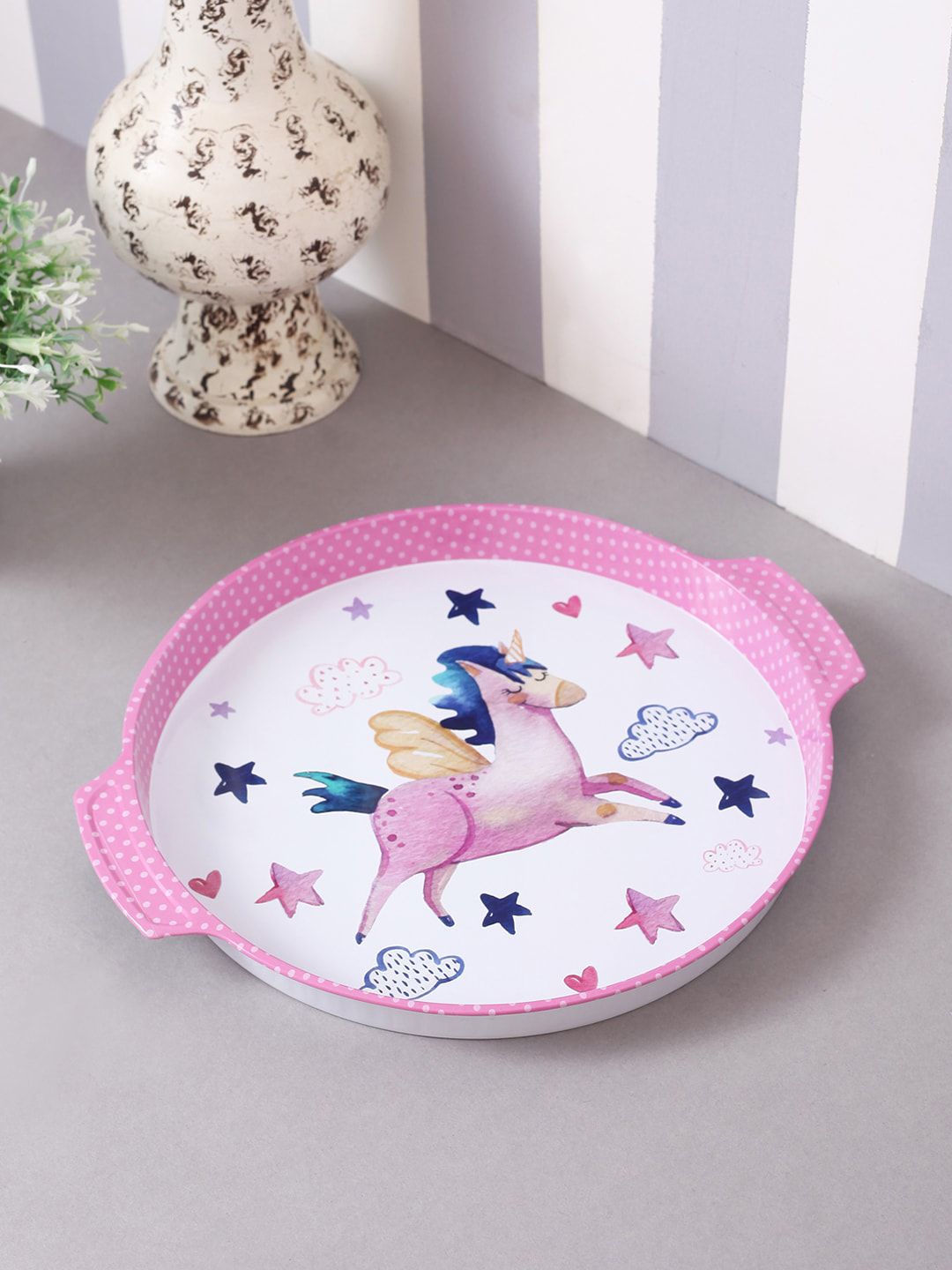 A Vintage Affair- Home Decor White & Pink Unicorn & Star Printed Metal Serving Tray Price in India