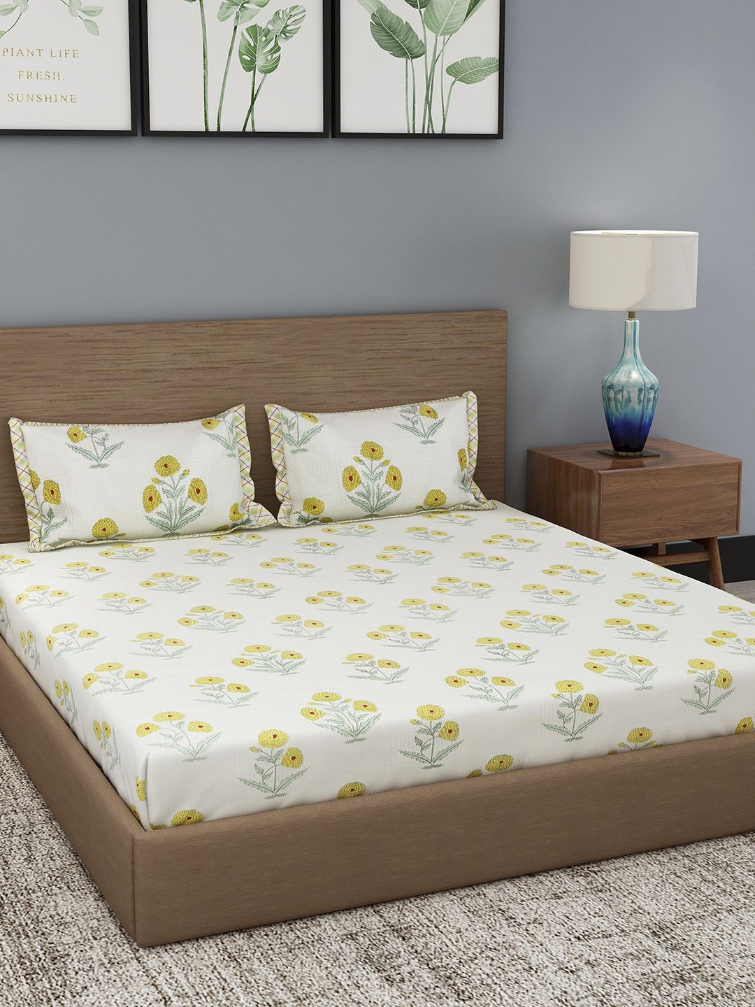 Rajasthan Decor Cream-Coloured & Yellow Floral 180 TC Cotton 1 King Bedsheet with 2 Pillow Covers Price in India