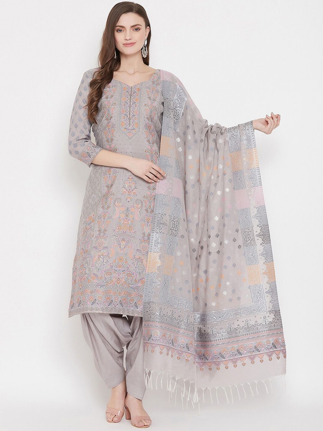 Safaa Grey Cotton Blend Woven Design Unstitched Dress Material For Summer Price in India