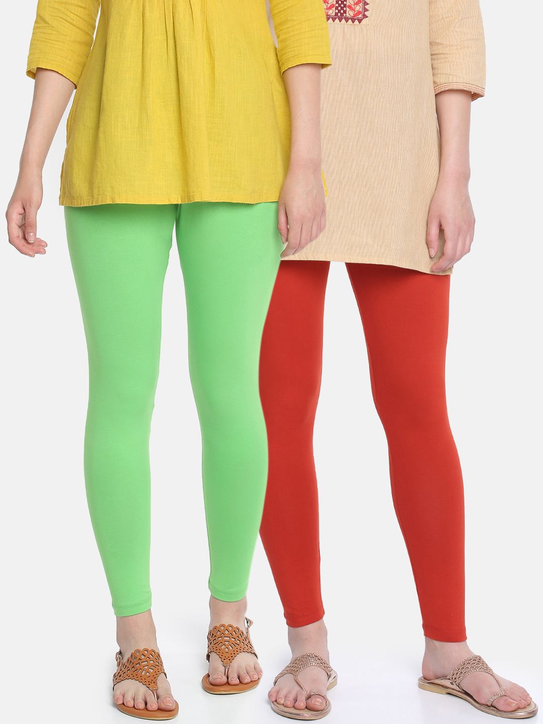Dollar Missy Women Red & Green Pack Of 2 Solid Slim-Fit Ankle-Length Leggings Price in India