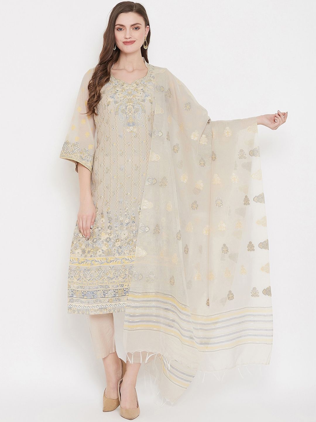 Safaa Off-White & Gold-Toned Cotton Blend Woven Design Unstitched Dress Material For Summer Price in India