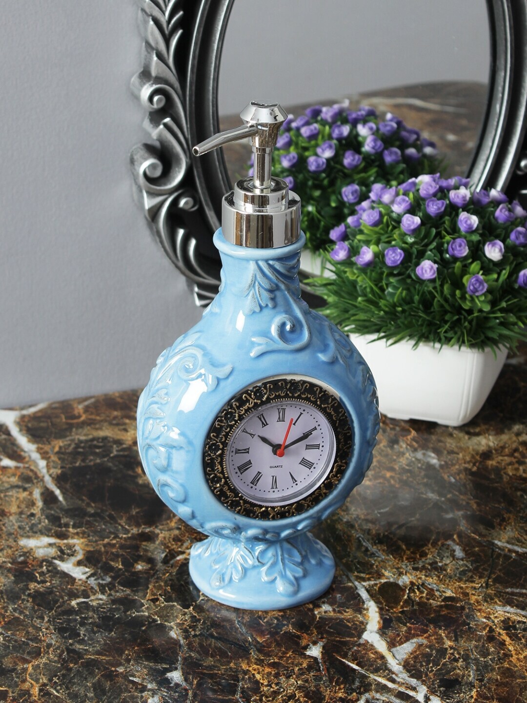 A Vintage Affair- Home Decor Blue & White Vintage Clock Liquid Soap Dispenser Price in India