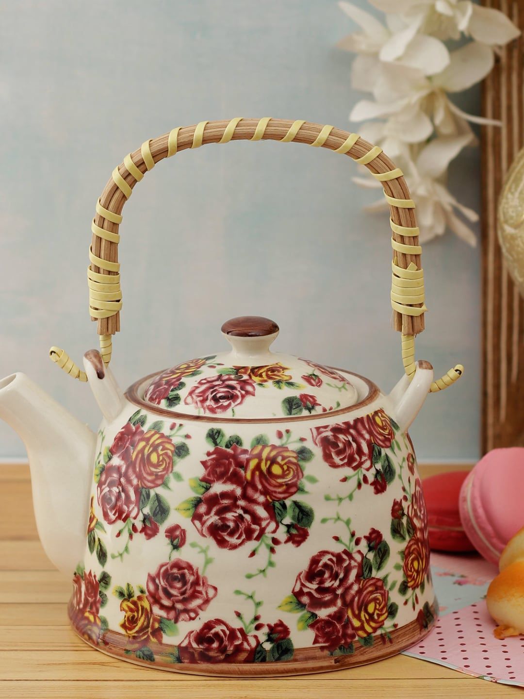 A Vintage Affair- Home Decor White & MaroonPrinted Ceramic Kettle Set Price in India