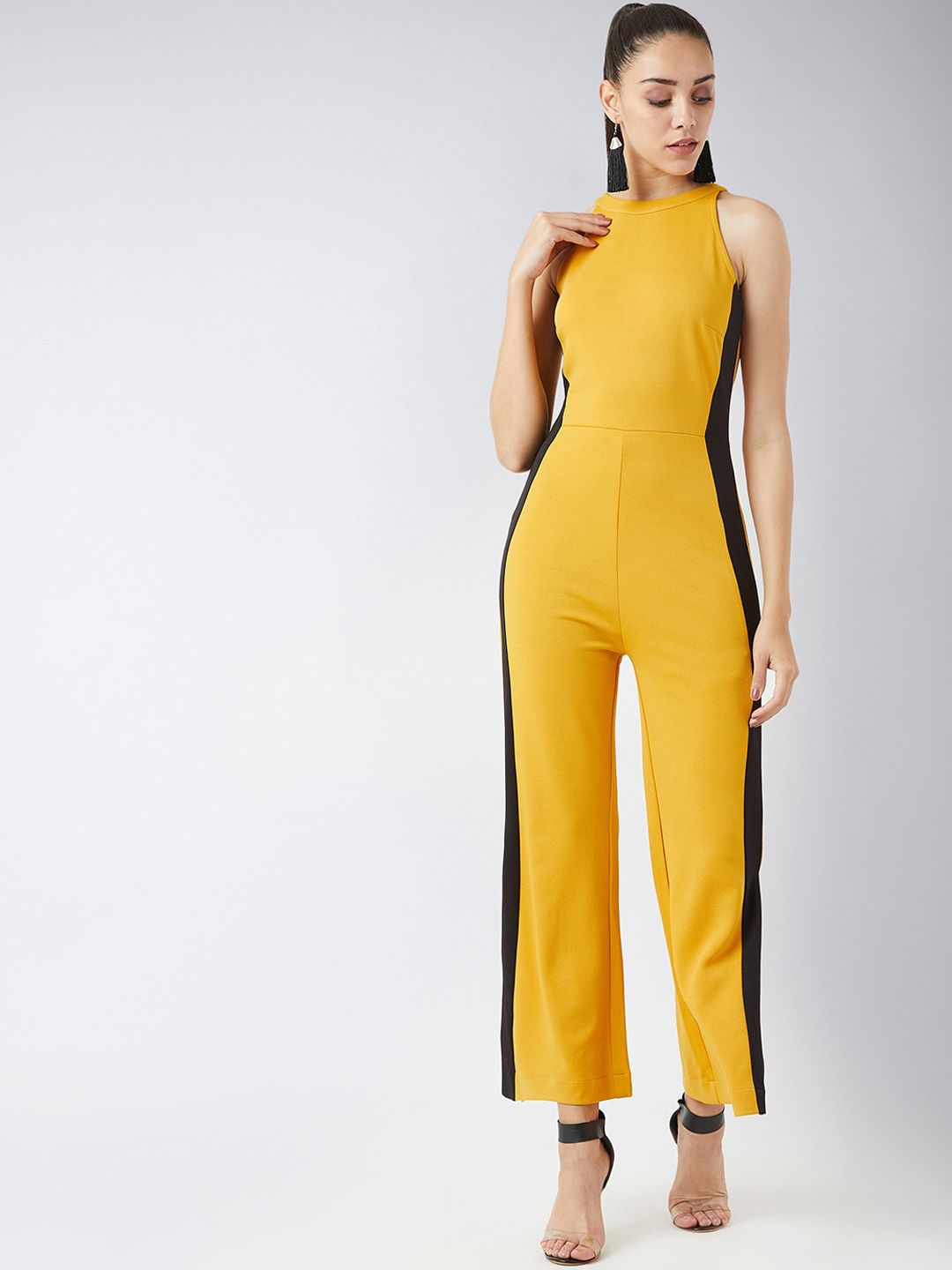 Miss Chase Women Mustard Yellow & Black Solid Basic Jumpsuit Price in India