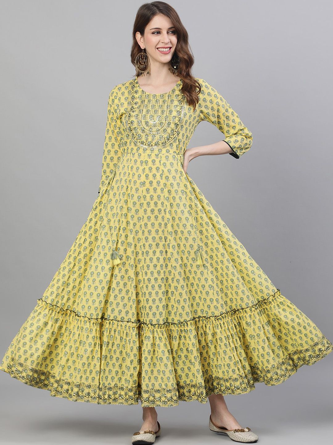 Ishin Women Yellow Printed Maxi Dress Price in India