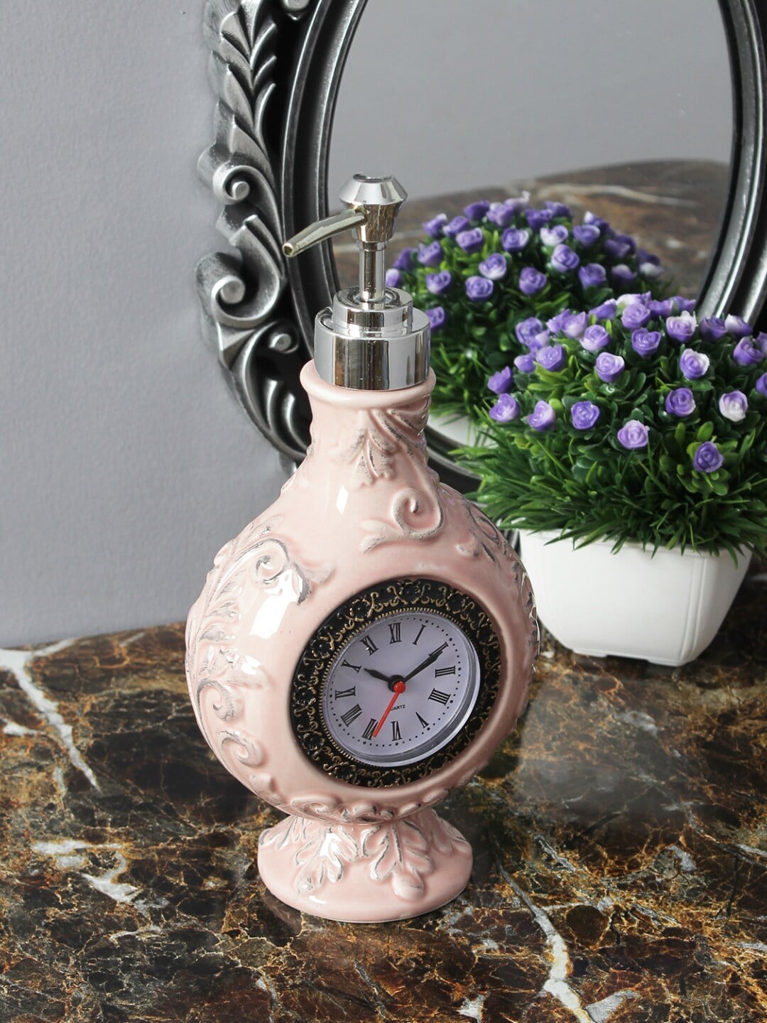 A Vintage Affair- Home Decor Pink & White Vintage Clock Liquid Soap Dispenser Price in India