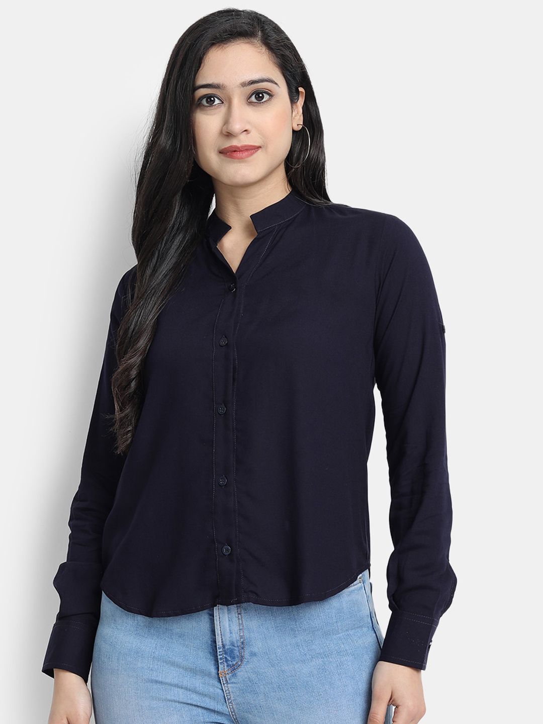 Globon Impex Women Navy Blue Regular Fit Solid Casual Shirt