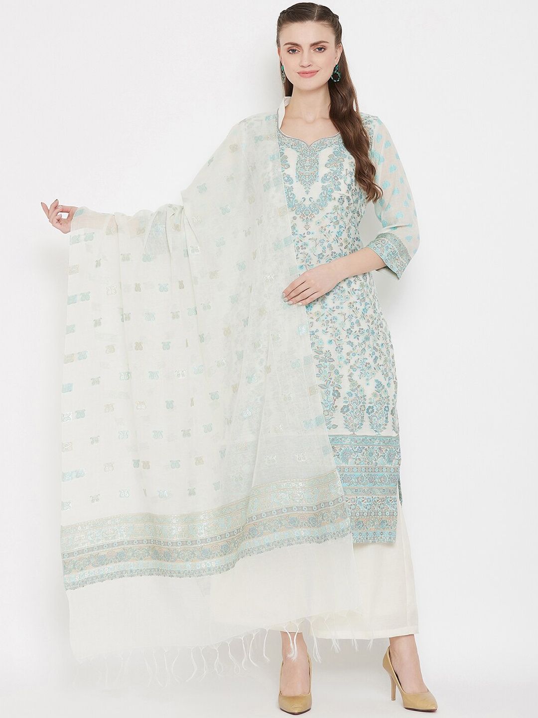 Safaa White & Sea Green Cotton Blend Woven Design Unstitched Dress Material For Summer Price in India