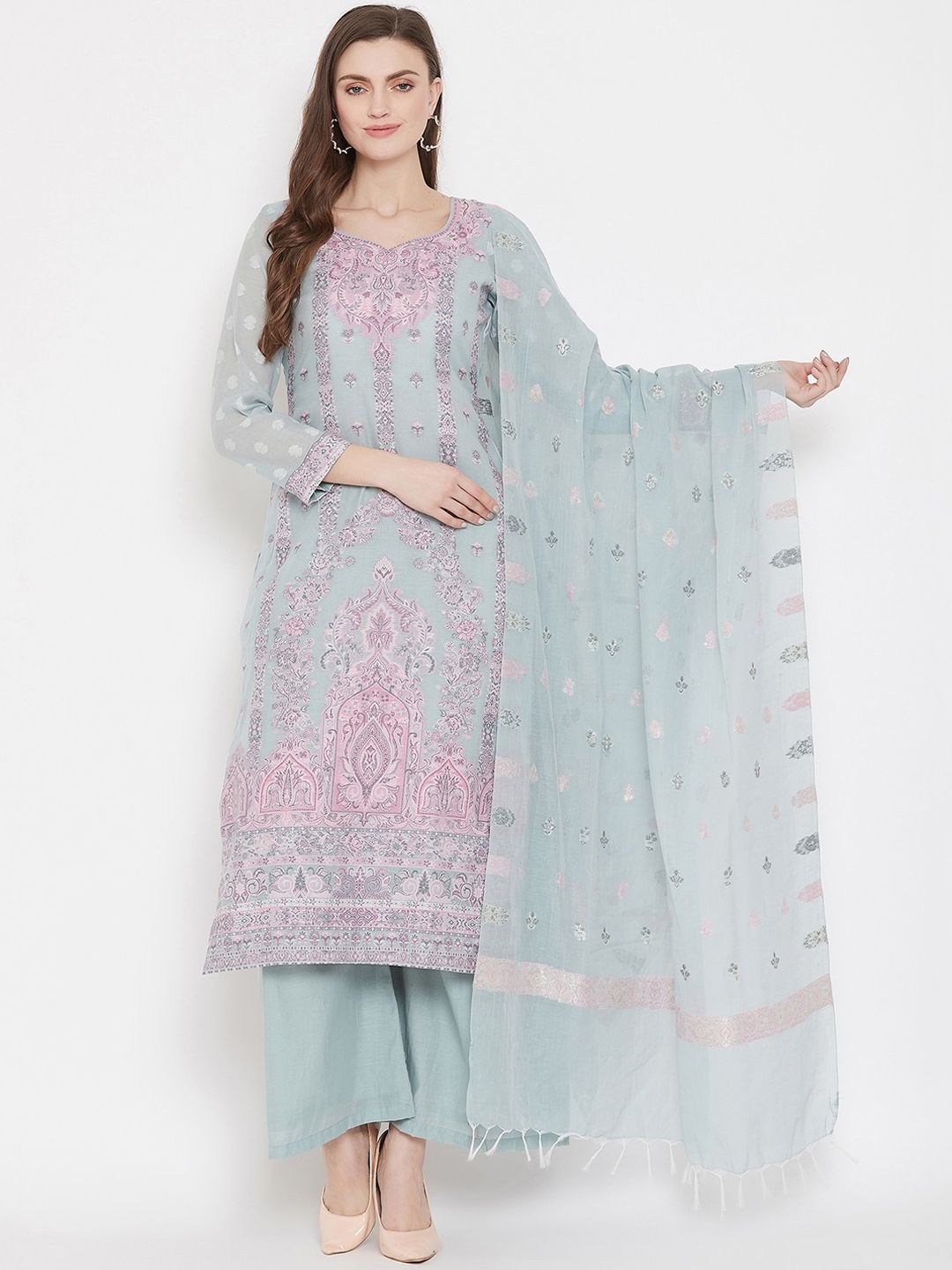 Safaa Sea Green & Pink Woven Design Cotton Blend Unstitched Dress Material Price in India